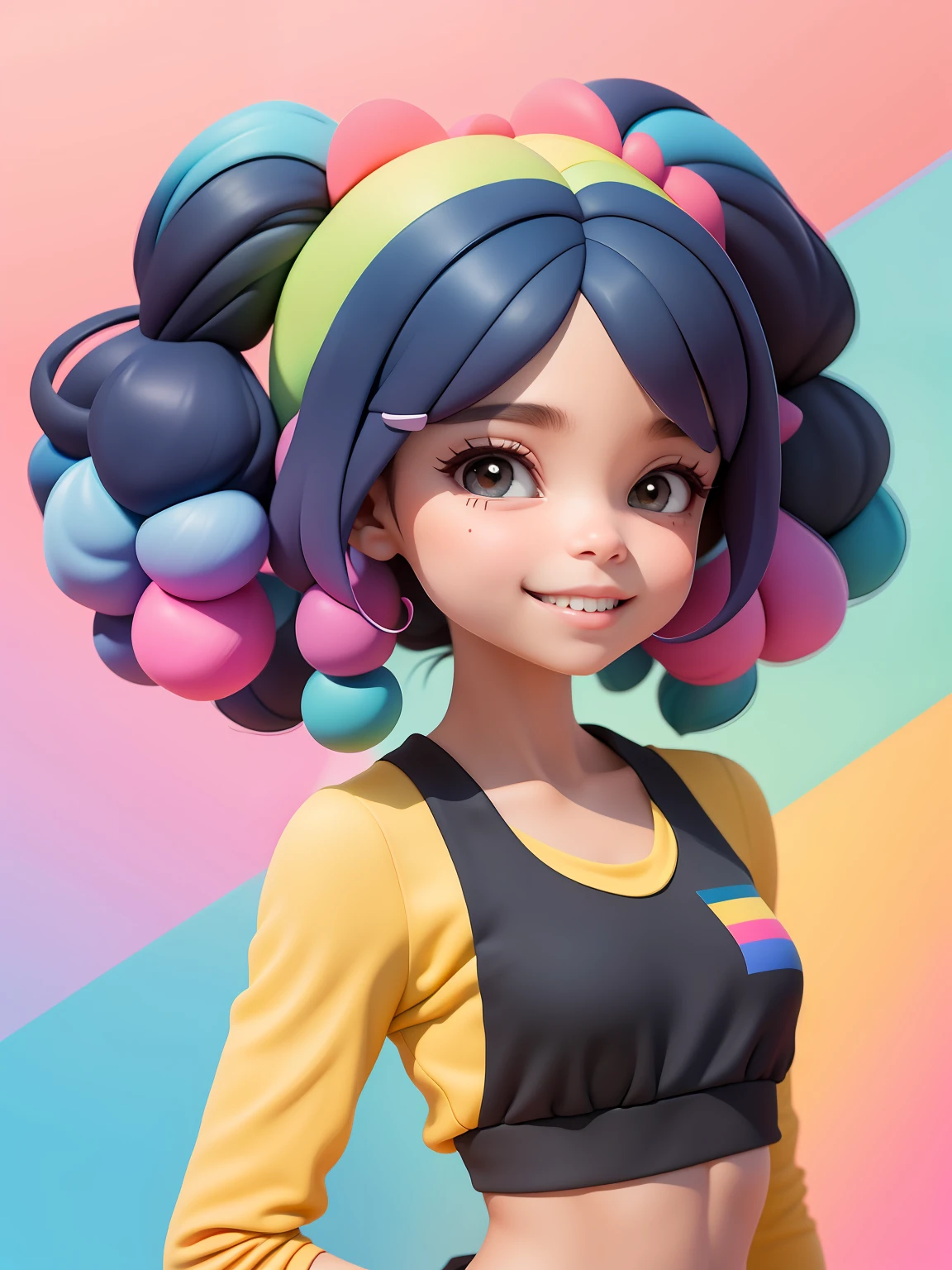 (obra-prima), (melhor qualidade), (ultra-detalhado), (corpo inteiro: 1.2) menina negra adolescente, leve e detalhado, sorriso claro, corpo inteiro, :3, cabelo multicolor, curto, longo, pavor, moderno, Modern accessories, fundo tom pastel , colorido e simples.