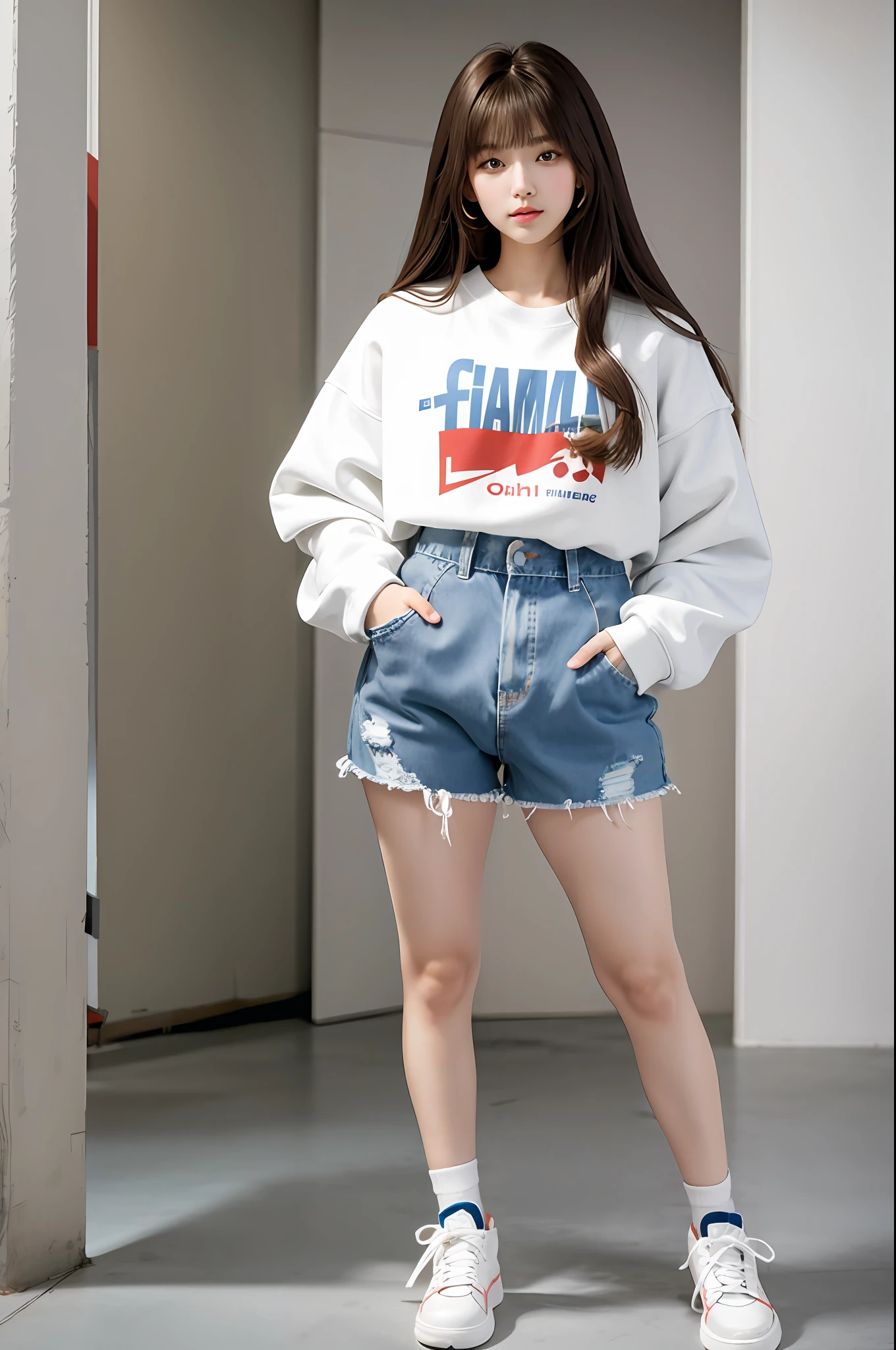 (tmasterpiece:1.4),(best qualtiy:1.4), Plain white background, Extremely delicate and beautiful eyes and face, 1girll, are standing, Clothing model, shot, brunette color hair, Look at the audience, 独奏, White sneakers, red color eyes, long whitr hair, White bear sweatshirt, Light blue denim hot pants, bluntbangs, cg, Unified 8K resolution