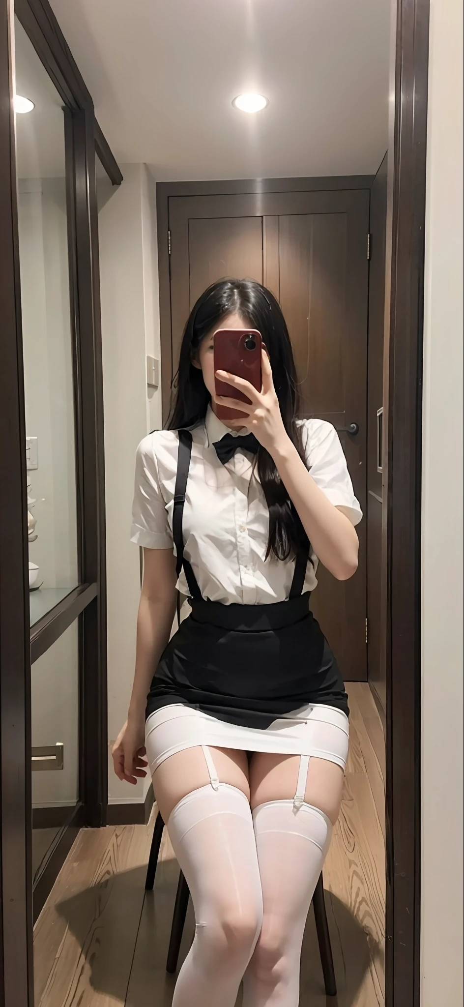 There is a woman in a skirt and a white shirt posing for a selfie with an iPhone in the mirror, thighhighs and skirt, wearing dresses, pale milky white porcelain skin, Wear skirts and suspenders, Sling high black stockings stockings beautiful face with arms and legs, extremely pale, legs visible, leg and thigh shot, wearing white skirt, transparent gray skirts, wearing honey - themed miniskirt, thigh close-up