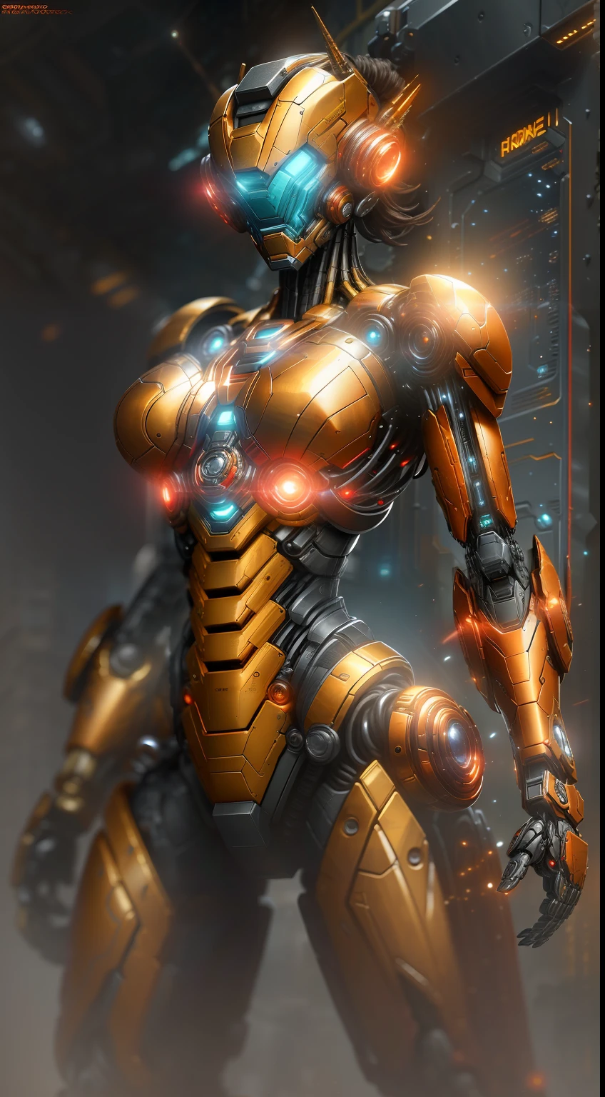 Irongirl from Marvel photography, biomechanics, complex robots, red gold, full growth, hyper-realistic, crazy little details, incredibly clean lines, cyberpunk aesthetic, masterpiece featured on Zbrush Central