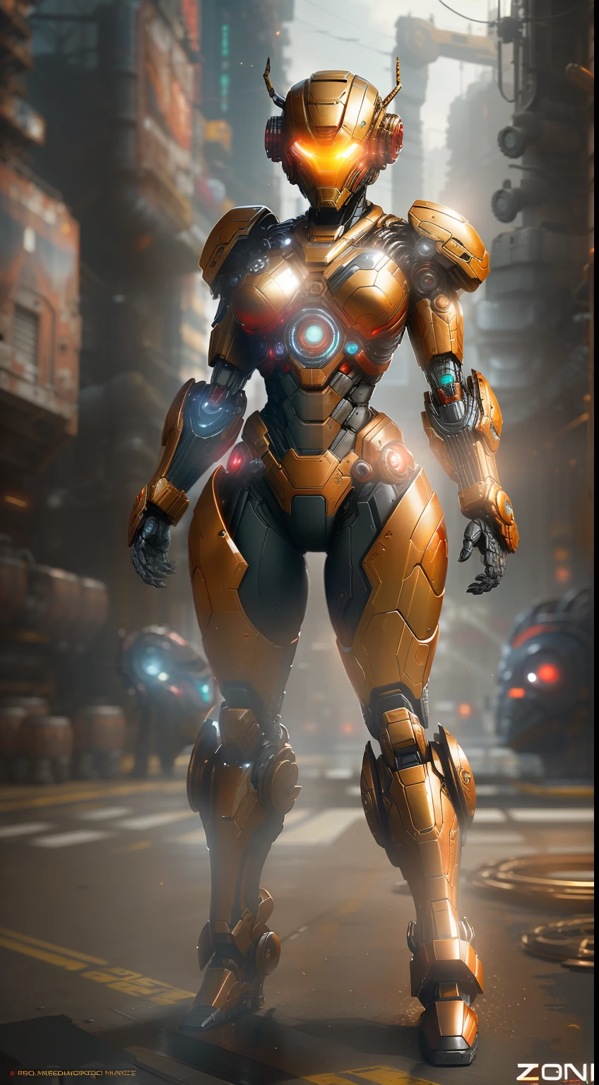 Irongirl from Marvel photography, biomechanics, complex robots, red gold, full growth, hyper-realistic, crazy little details, incredibly clean lines, cyberpunk aesthetic, masterpiece featured on Zbrush Central