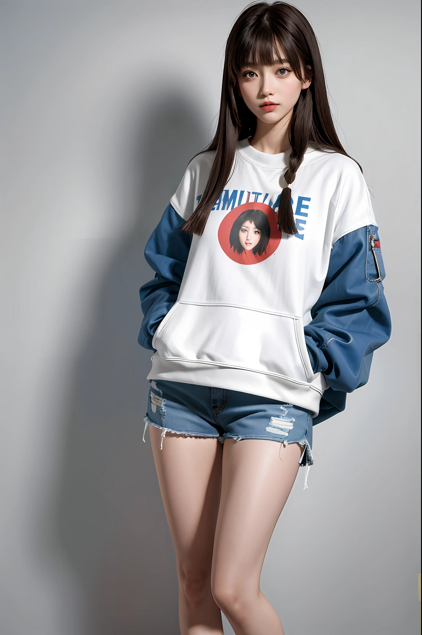 (tmasterpiece:1.4),(best qualtiy:1.4), Plain white background, Extremely delicate and beautiful eyes and face, 1girll, are standing, Clothing model, shot, brunette color hair, Look at the audience, 独奏, White sneakers, red color eyes, long whitr hair, White bear sweatshirt, Light blue denim hot pants, bluntbangs, cg, Unified 8K resolution