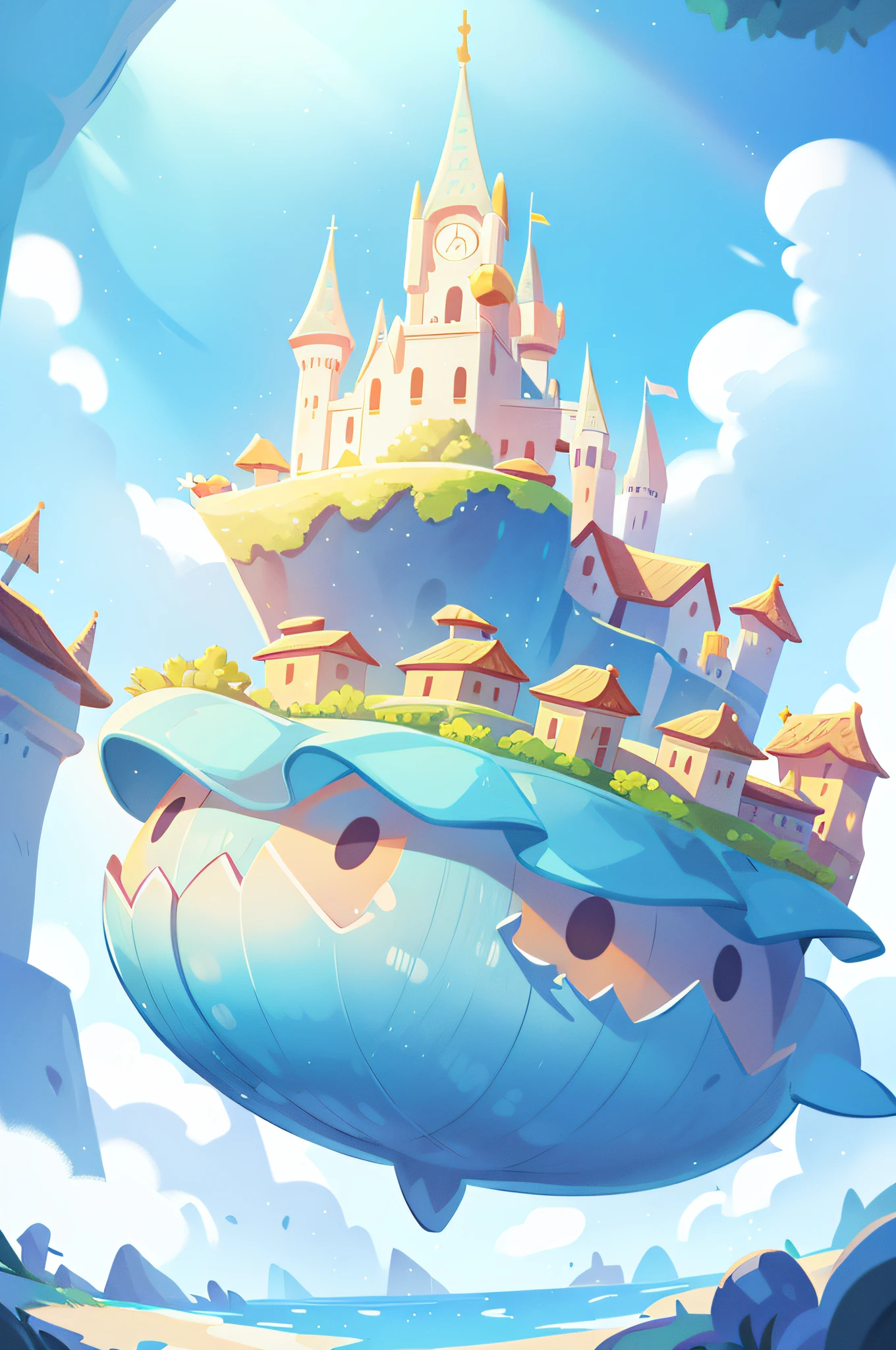 Draw a boy on a whale in the clouds，The background is a castle, lie on white clouds fairyland, dreamlike illustration, floating city on clouds, sky whales, A beautiful artwork illustration, in the white clouds fairyland, floating lands in-clouds, blurry and dreamy illustration, flying cloud castle, whimsical fantasy landscape art, upon the clouds,8K Ultra HD resolution。