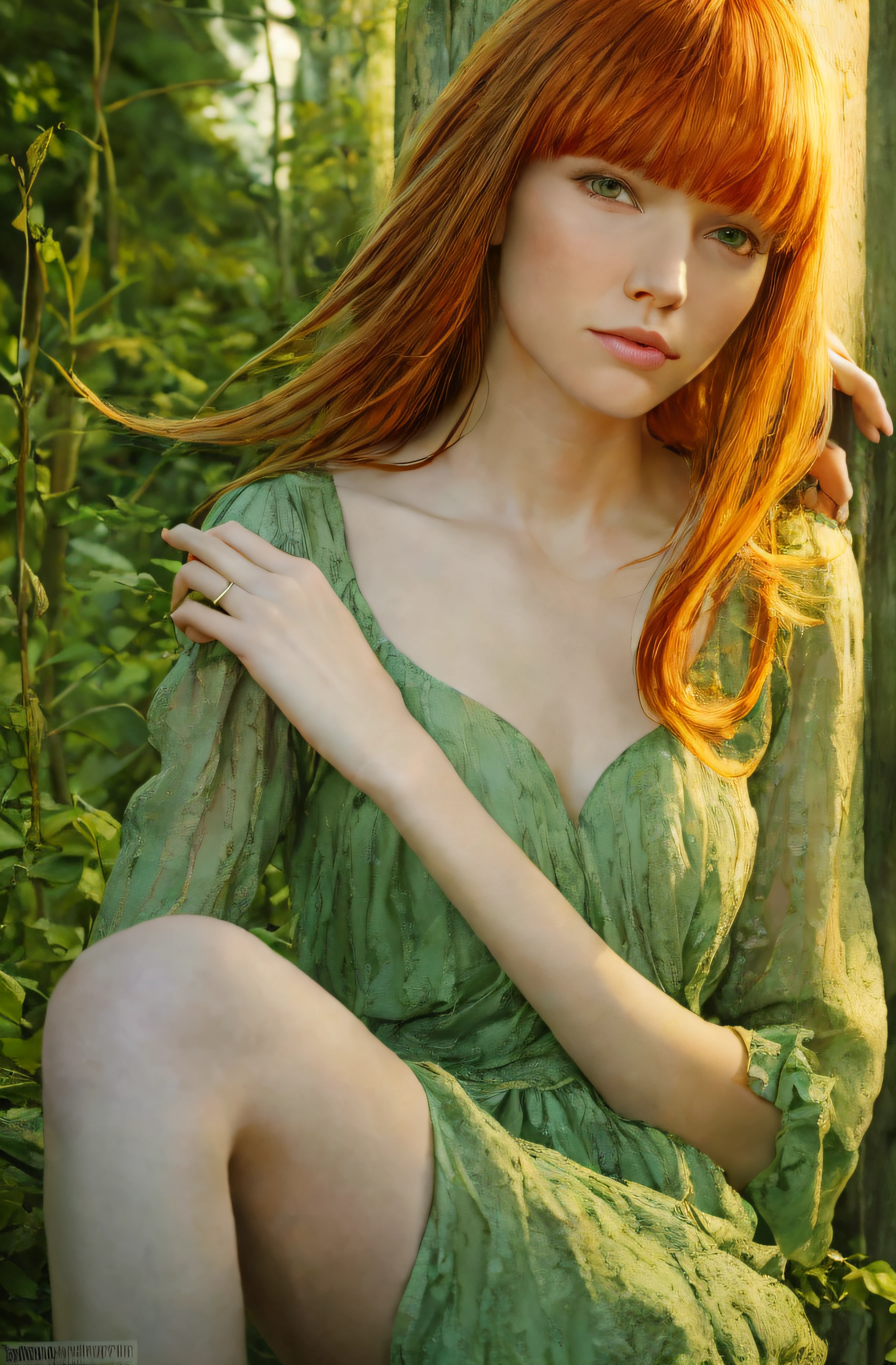 serene photo,1girl, woman with ginger hair, blunt bangs, green eyes, Absurdres, hdr, ultra detailed illustration, extremely detailed face, RAW photo, film grain, skin pores, trending on deviantart, blurry garden background, sporty dress, summer dress in green, arms to the side