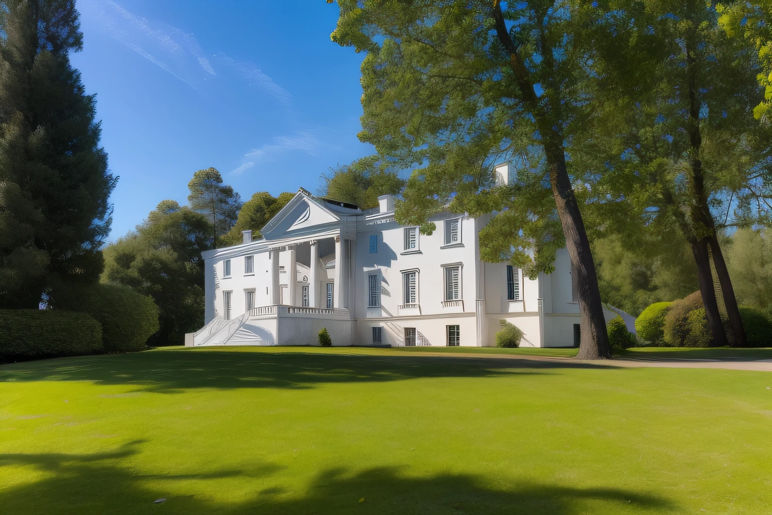 Arafed White House with a large lawn and trees in the background, neo - classical style, Casa sueca, 1 8th century mansion, Estilo neoclasicismo, neoclassical style, neoclassical, Neo - Classic, mansion, Estilo clasicismo, Casas suecas, Classical architecture, majestuoso, Anato Finnstark. Front view, Neoclassical architecture