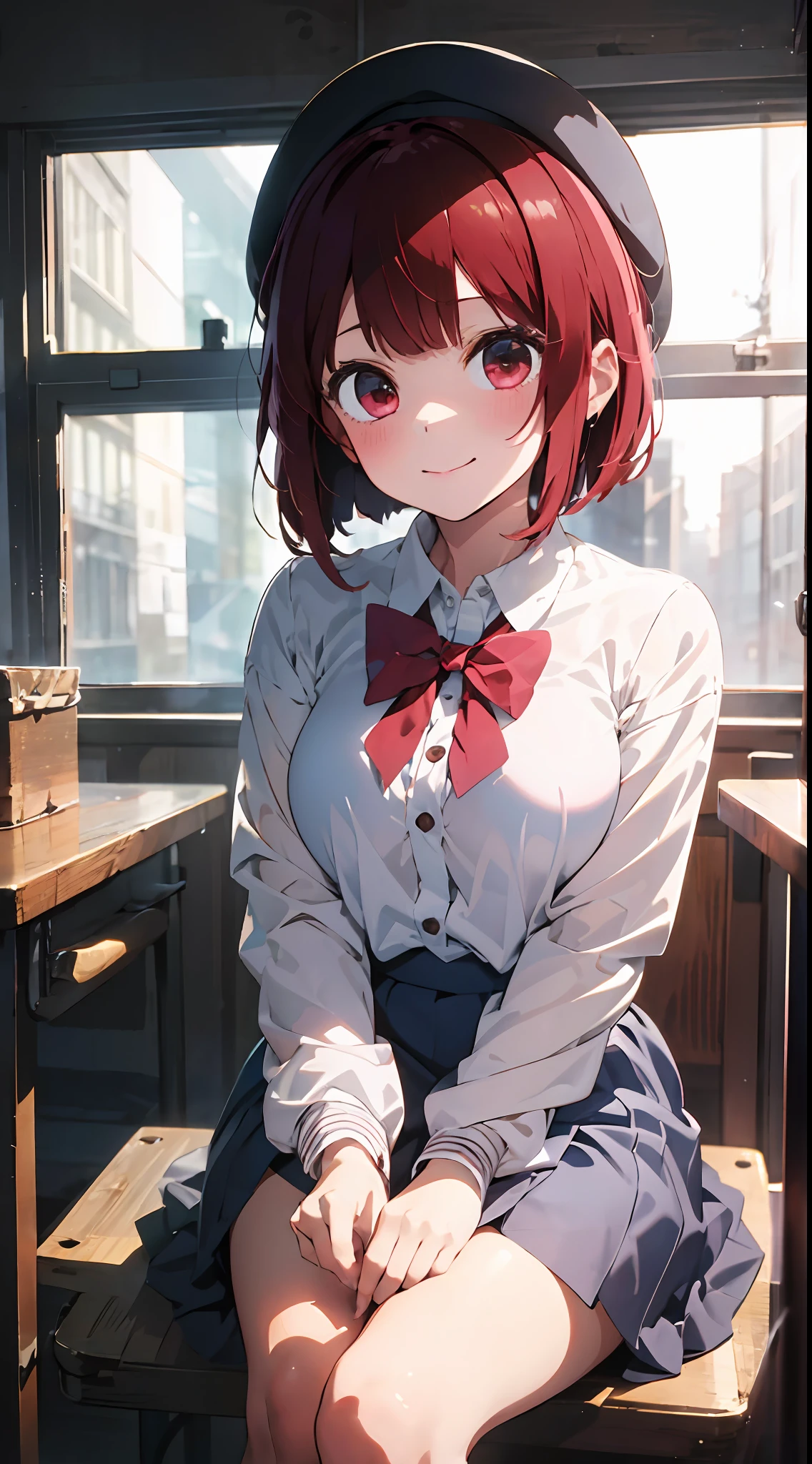 Masterpiece to the smallest detail、top-quality、1girl in、Solo looks 、150cm petite beautiful girl、small tits、12-year-old by 、red t bob in the forward、Pink and violet mesh、red eyes、Red eyes、Tall, big eyes、Outstanding looks、A lovely child、proximity、closed_mouth、a 、red blush、full of shyness、blue headwear、Hats、pink bowtie、校服、 Blue jacket、jaket、skirt by the、Gray skirt shirt、white shirt、an legs、Black socks、sitting on、Classroom、hair_ornament、looking_at_viewer、beatiful detailed eyes、Akame、panties on、lift up one's skirt、Professional effects、