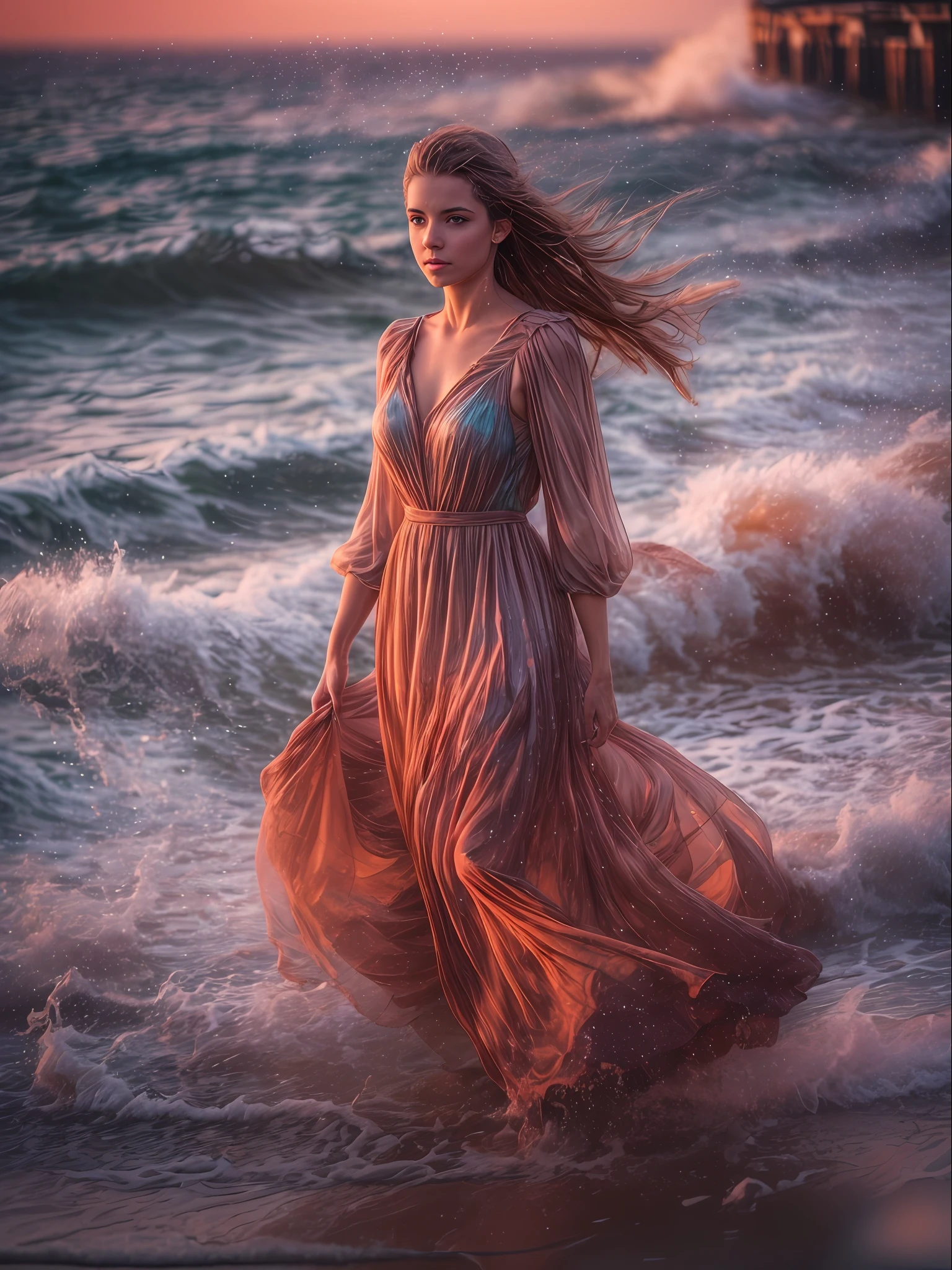 Cute woman in a beautiful dress walking along the seashore, splatter, waves, Next to her is a horse, Color Image, (Sunset on the sea), Lightroom, Cinematic, HDR, Soggy, an intricate, hiquality, Calm tones, Complicated details, low contrast