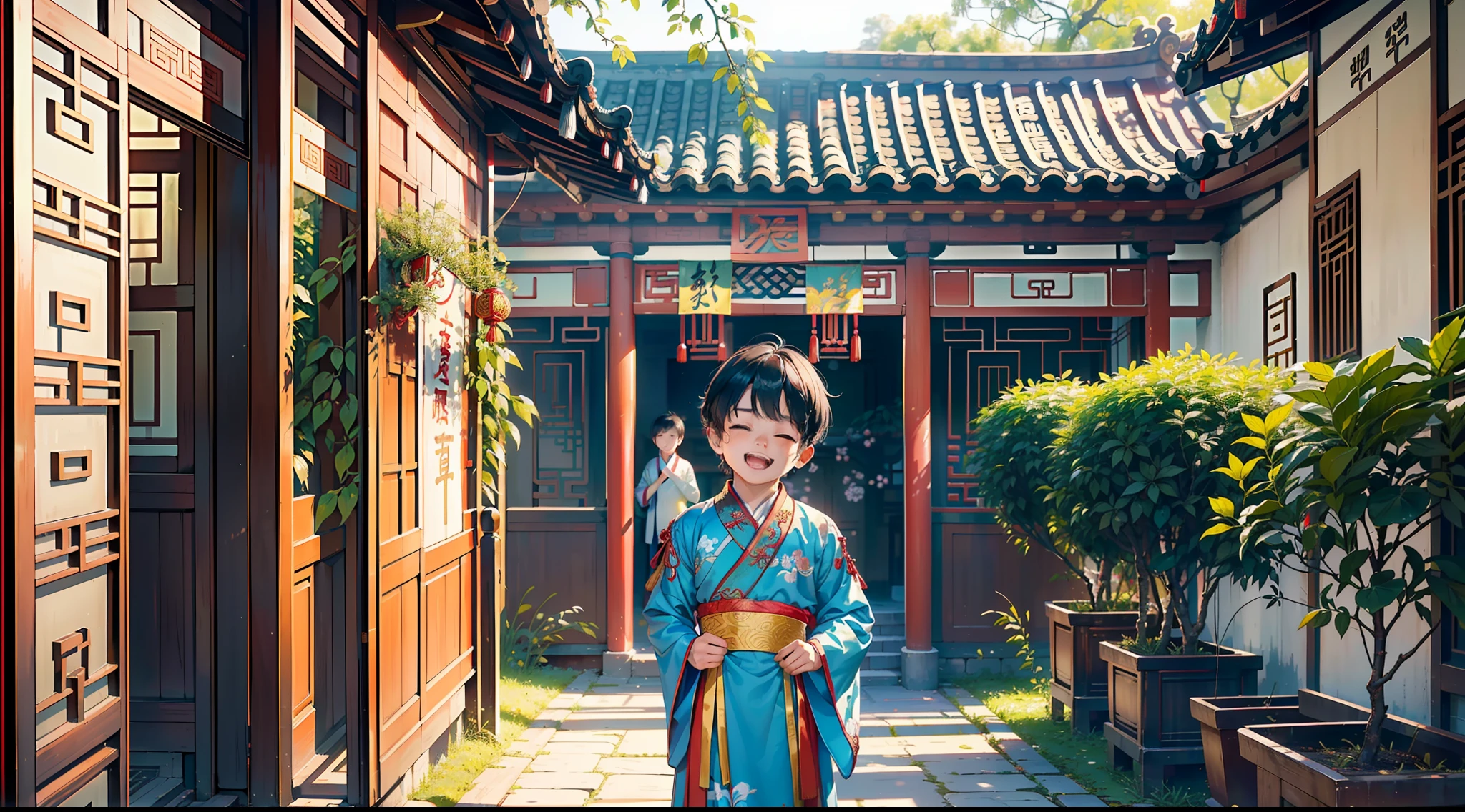 A young boy dressed in ancient Chinese traditional Han costume stands in a courtyard surrounded by traditional Chinese courtyards, He was crying, (Traditional Hanfu:1.2), (Vibrant colors:1.1), (Intricate embroidery:1.3), (Authentic Chinese architecture:1.1), (Quadrangle:1.1), (Sunlight shines through the courtyard:1.2), (Lush greenery in the background:1.1), (joyful expressions:1.3), (A moment of honesty:1.2), (nostalgic vibes:1.1), (1boy:1.5),
