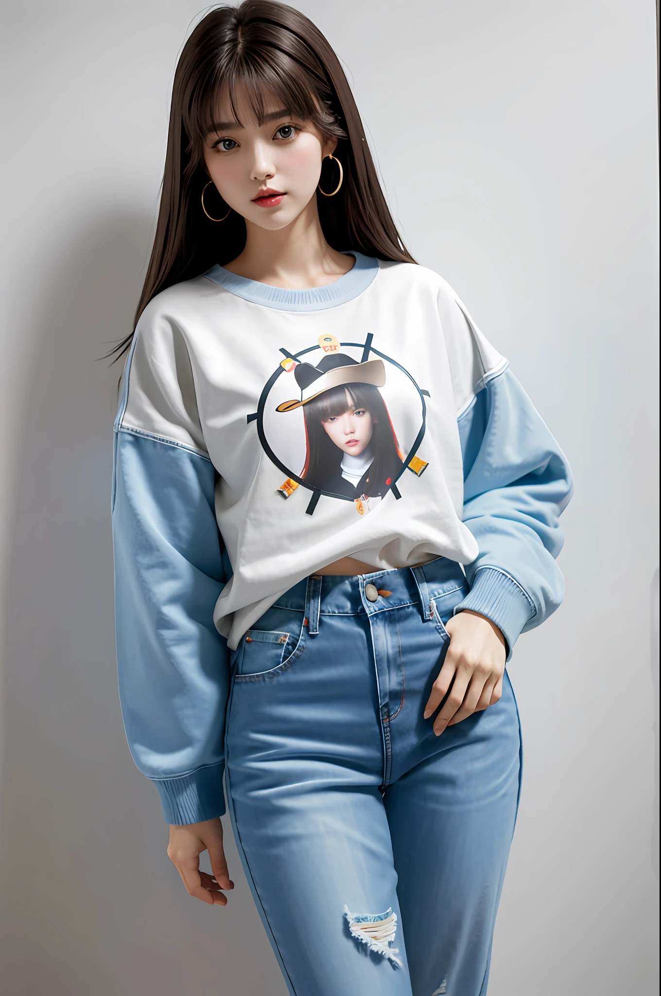 (tmasterpiece:1.4),(best qualtiy:1.4), ，Plain white background，Plain white background，Plain white background，, Extremely delicate and beautiful eyes and face, 1girll, are standing, Clothing model, shot, brunette color hair, Look at the audience, 独奏, White sneakers, red color eyes, long whitr hair, White bear sweatshirt, Light blue denim hot pants, bluntbangs, cg, Unified 8K resolution