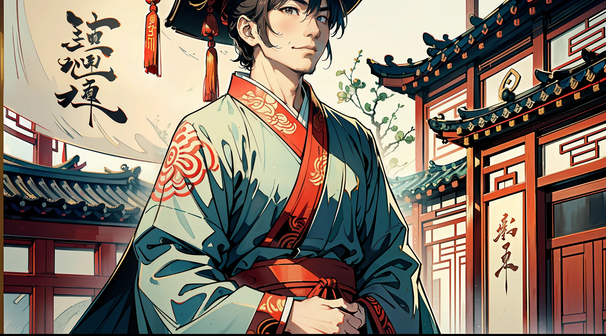 A man wearing a traditional Chinese Hanfu stands in a courtyard of a traditional Chinese quadrangle, with an evil smile on his face. (traditional Chinese painting style: 1.2), (fine brushwork: 1.1), (vibrant colors: 1.2), (dramatic lighting: 1.3), (ink wash: 1.1), (intricate details: 1.2), (subtle textures: 1.1), (traditional Chinese calligraphy: 1.1), (ancient Chinese architecture: 1.2), (traditional Chinese cultural elements: 1.3)