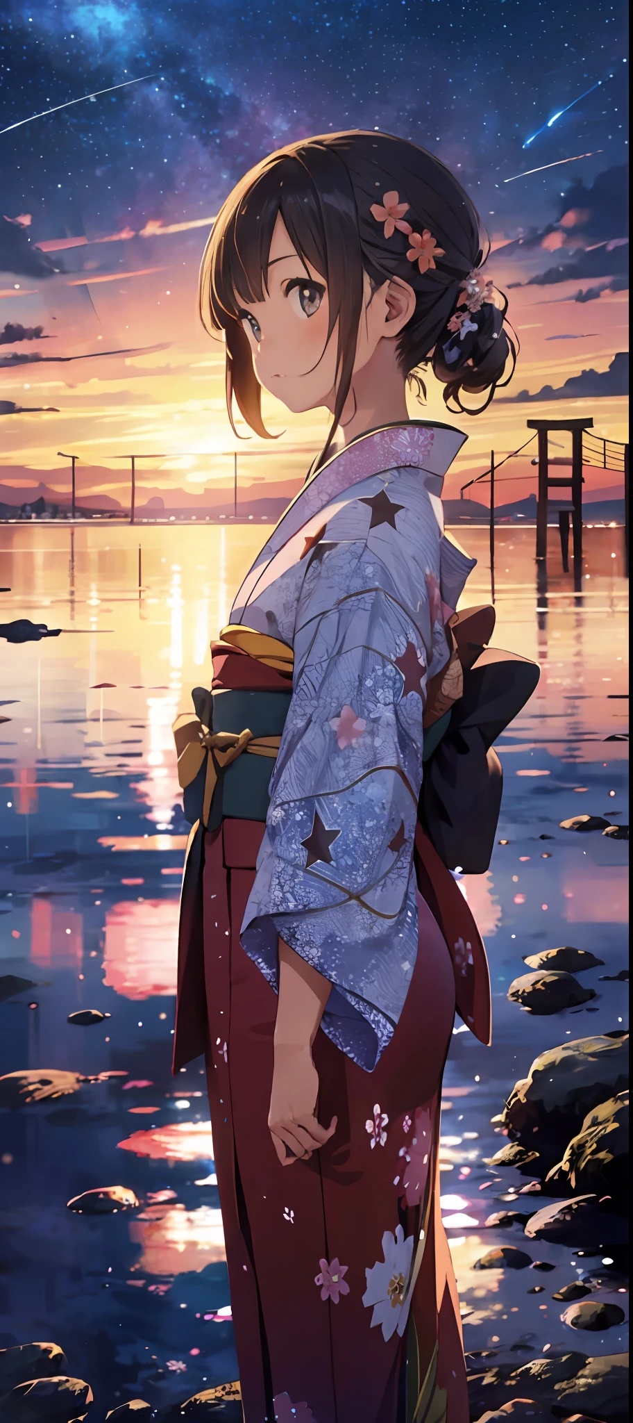 1girl, a distant girl kiss girl in a kimono gazing at the stars, (zoomed: 1.1), (meteor shower: 1.2), (comet: 1.1), your name, low angle, from behind, Northern Lights, meteors, yukata, red kimono, cherry blossoms, standing in the field, best quality, masterpiece, clouds, colorful, starry, stars,