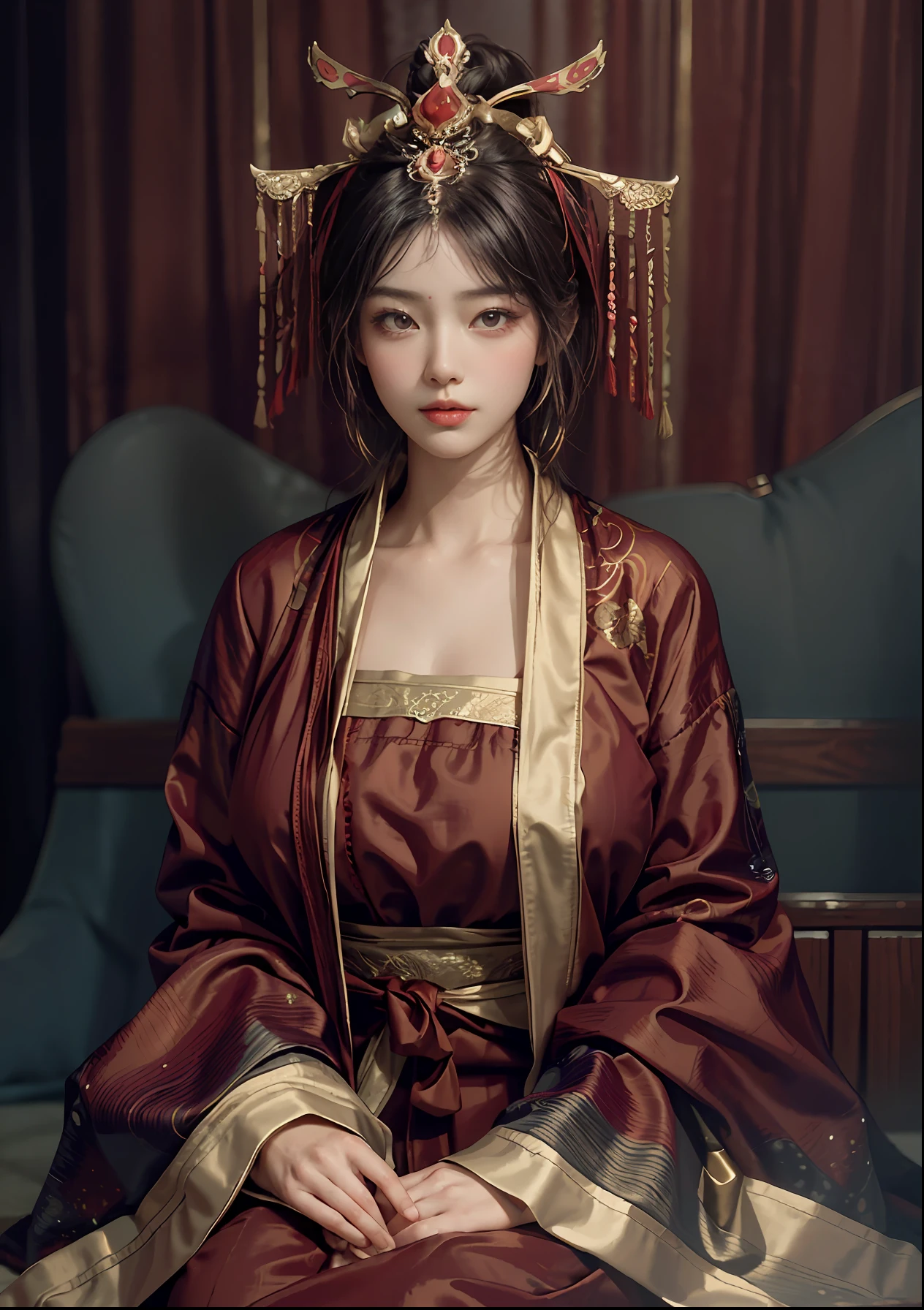 Art depicts a charming woman，Dressed in a flowing manner、Silky traditional oriental dress，red colour，Decorated with intricate patterns and bright colors。Her dress draped elegantly over her curvy figure，Highlights her seductive silhouette。She stood gracefully in the quiet moonlit night，bathed in the soft glow of the moonlight。The scene exudes an ethereal and dreamy atmosphere，With a touch of mystery and sexiness。The image style incorporates watercolor and digital illustration techniques，It evokes a refined beauty and charm。The lights are filled with soft moonlight，casting soft highlights and shadows on her charming features。Bare thighs，Bigchest