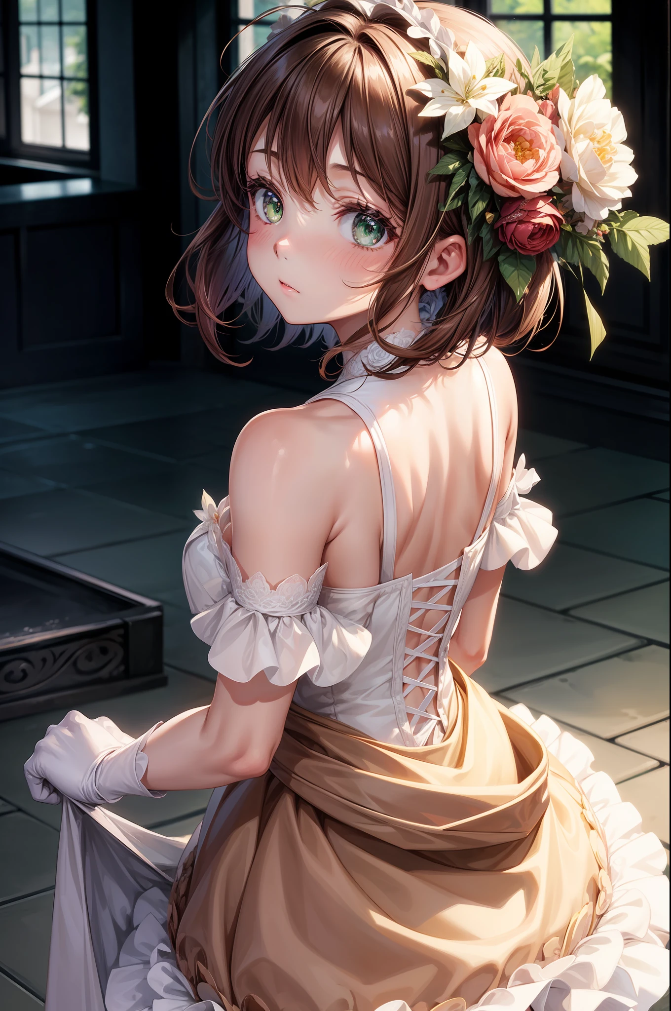 1girl, bare_shoulders, blush, brown_hair, clothes_lift, dress, dress_lift, flower, gloves, green_eyes, hair_flower, hair_ornament, lifted_by_self, looking_back, otoko_no_ko, short_hair, skirt_hold, solo, wedding_dress, white_gloves