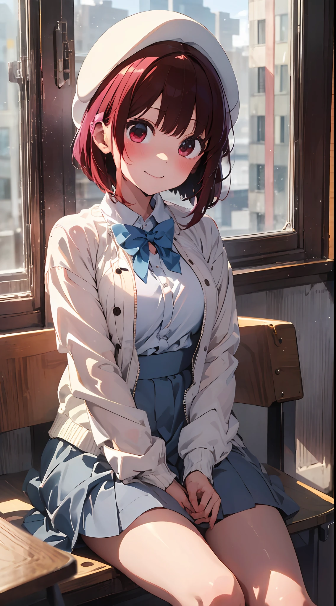 Masterpiece to the smallest detail、top-quality、1girl in、Solo looks 12 years old、150cm petite beautiful girl、small tits、12-year-old baby face、red hairs、Gradient bob in the forward、Pink and violet mesh、red eyes、Red eyes、Tall, big eyes、Outstanding looks、A lovely child、proximity、closed_mouth、a smile、red blush、full of shyness、blue headwear、Hats、pink bowtie、校服、 Blue jacket、jaket、skirt by the、Gray skirt shirt、white  shirt、an legs、Black socks、sitting on、‎Classroom、hair_ornament、looking_at_viewer、beatiful detailed eyes、Akame、panties on、lift up one's skirt、Professional effects、