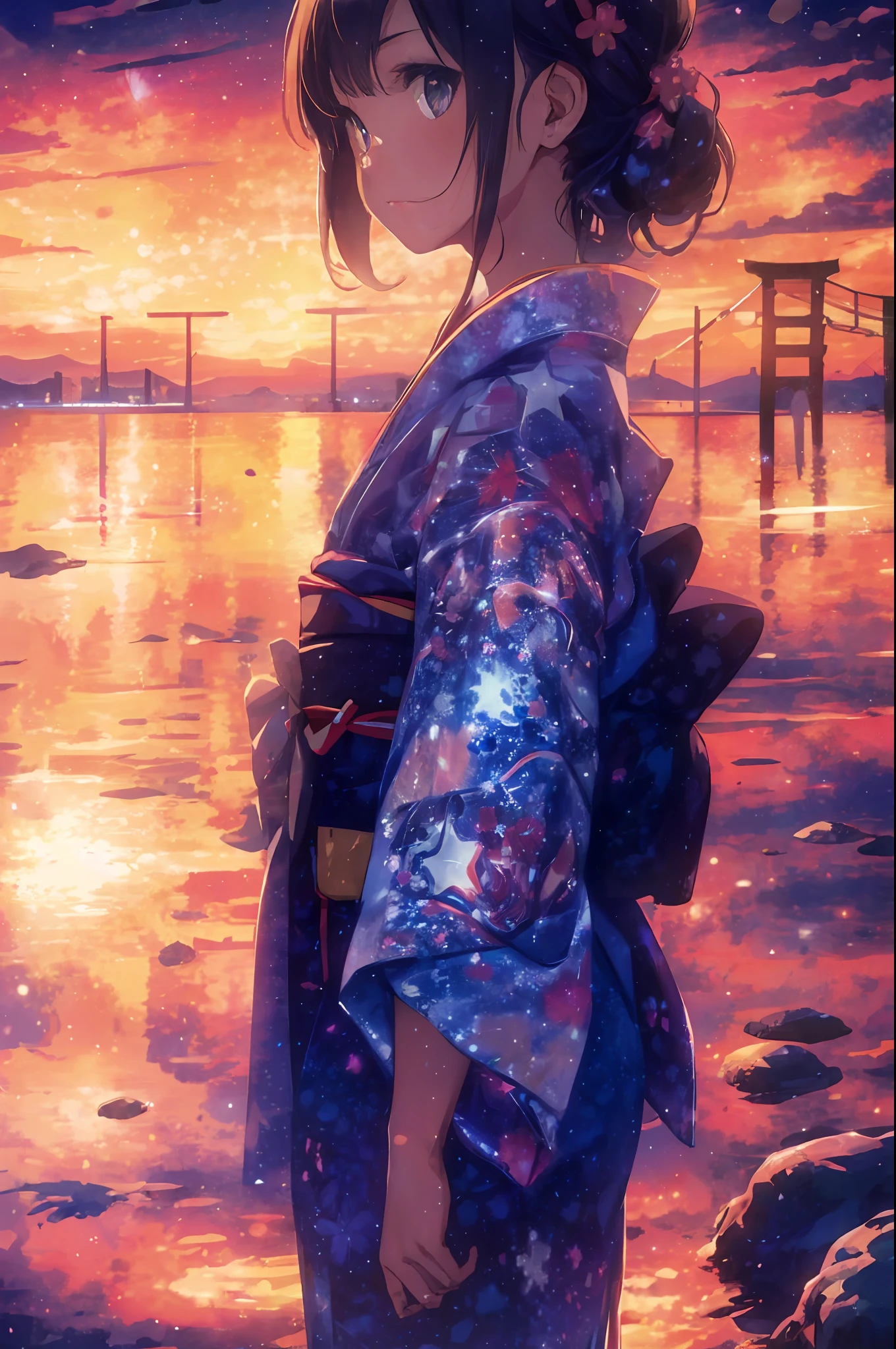 1girl, a distant girl kiss girl in a kimono gazing at the stars, (zoomed: 1.1), (meteor shower: 1.2), (comet: 1.1), your name, low angle, from behind, Northern Lights, meteors, yukata, red kimono, cherry blossoms, standing in the field, best quality, masterpiece, clouds, colorful, starry, stars,