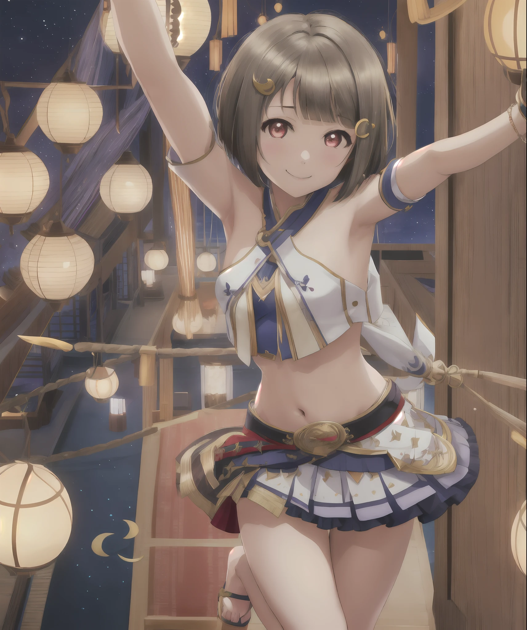 First person view ,seductive smile,facing another,nakasu kasumi, bob cut, light brown hair, short hair, blunt bangs, crescent, crescent hair ornament, hair ornament, hairclip,crop top, low micro skirt, jewelry clothes,harem clothes,navel, night, one arm up, armpit