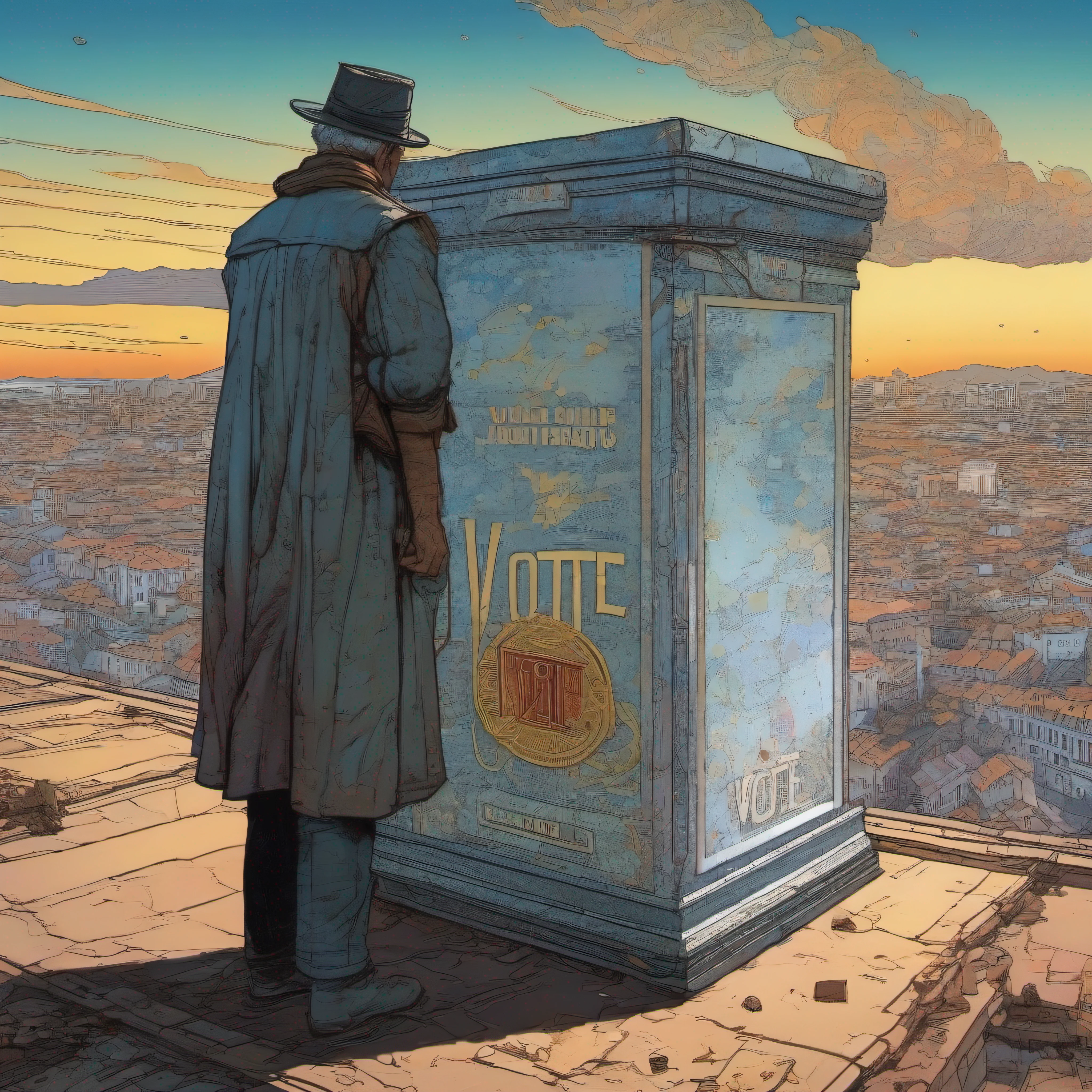 ((Primer plano)) de un ((hombre pensativo)) in front of a ballot box "VOTE", con una ciudad destruida al fondo. dystopians style, futurista y realista, inspirado en Moebius. Calidad impecable, 32K resolution.