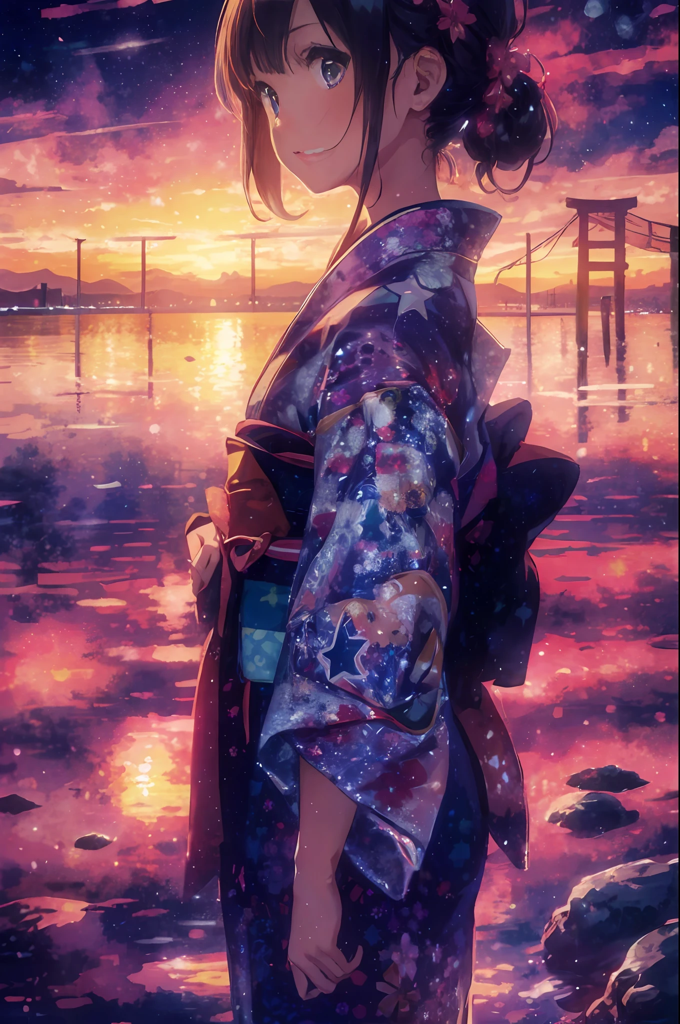 1girl, a distant girl kiss girl in a kimono gazing at the stars, (zoomed: 1.1), (meteor shower: 1.2), (comet: 1.1), your name, low angle, from behind, Northern Lights, meteors, yukata, red kimono, cherry blossoms, standing in the field, best quality, masterpiece, clouds, colorful, starry, stars,