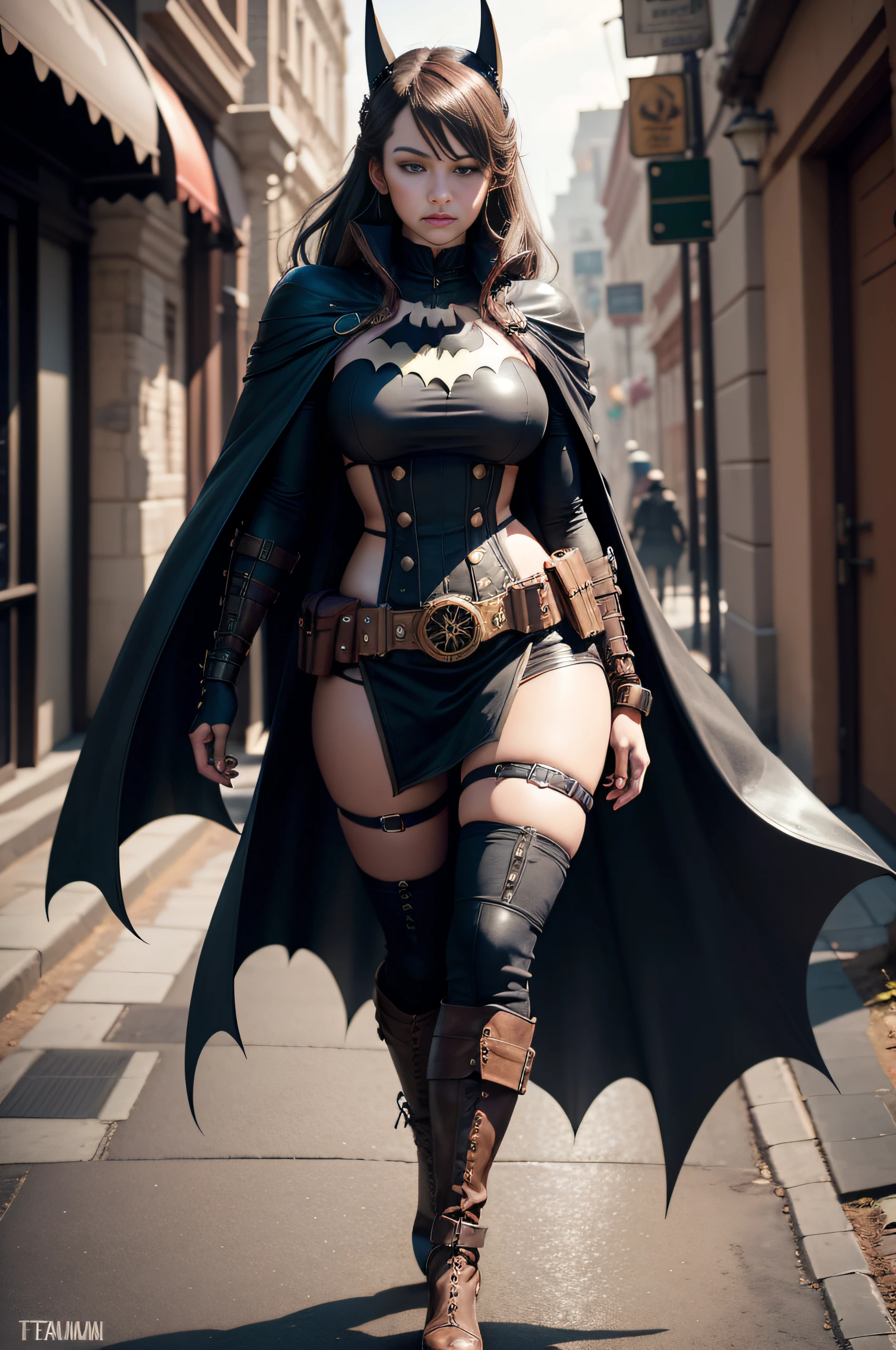 Batman em estilo steampank, vestido com roupa steampunk, detalhe realista, estilo realista, colorido, cinemactic, ultra realístic, Very high detail, detailed facial features, pele finamente detalhada, perfect proportion, fotorrealista, melhor qualidade, (8k), Ambiente faroeste, full body, steampunk