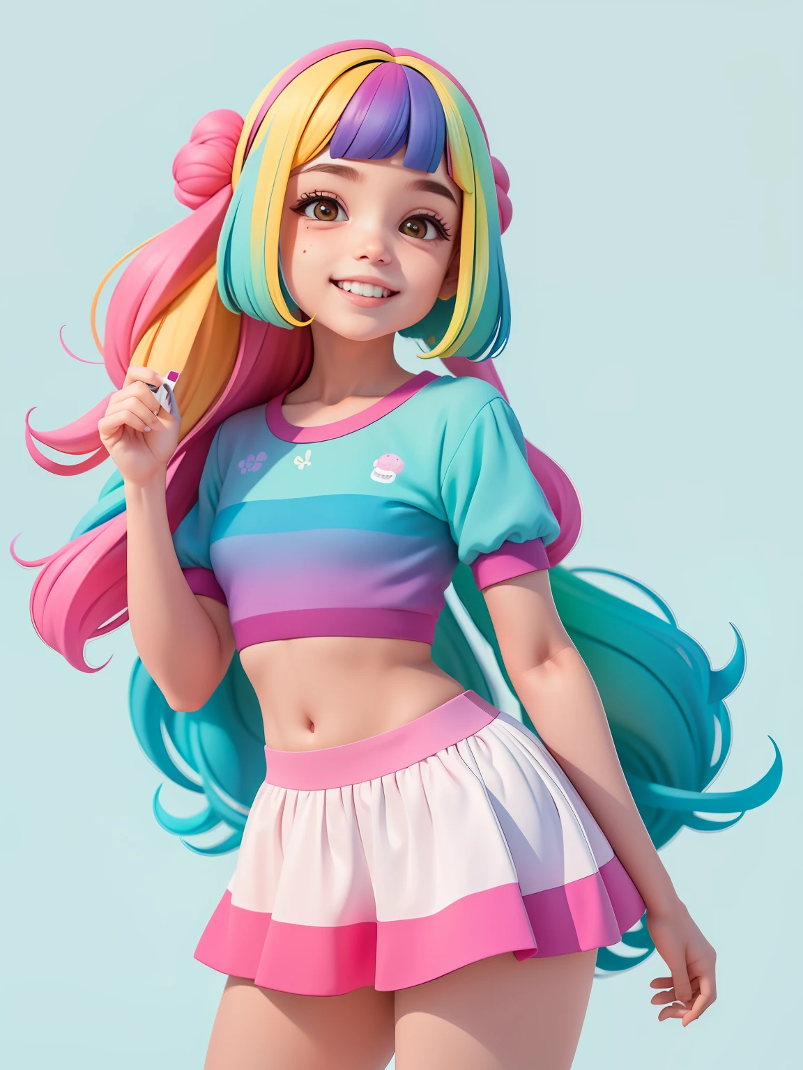 (obra-prima), (melhor qualidade), (ultra-detalhado), (corpo inteiro: 1.2) menina adolescente gorda fofinha, leve e detalhado, sorriso claro, corpo inteiro, :3, cabelo multicolor, curto, longo, pavor, moderno, Modern accessories, fundo tom pastel , colorido e simples.