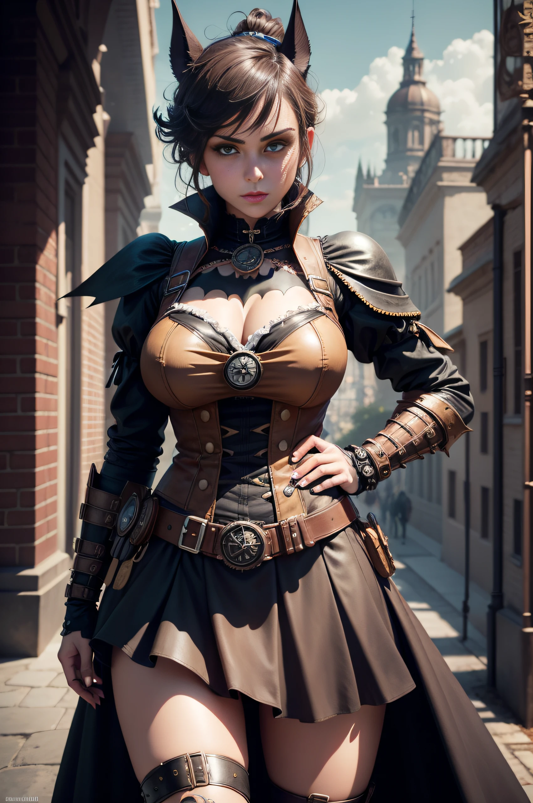 Batman em estilo steampank, vestido com roupa steampunk, detalhe realista, estilo realista, colorido, cinemactic, ultra realístic, Very high detail, detailed features, pele finamente detalhada, perfect proportion, fotorrealista, melhor qualidade, (8k), Ambiente faroeste, full body, steampunk