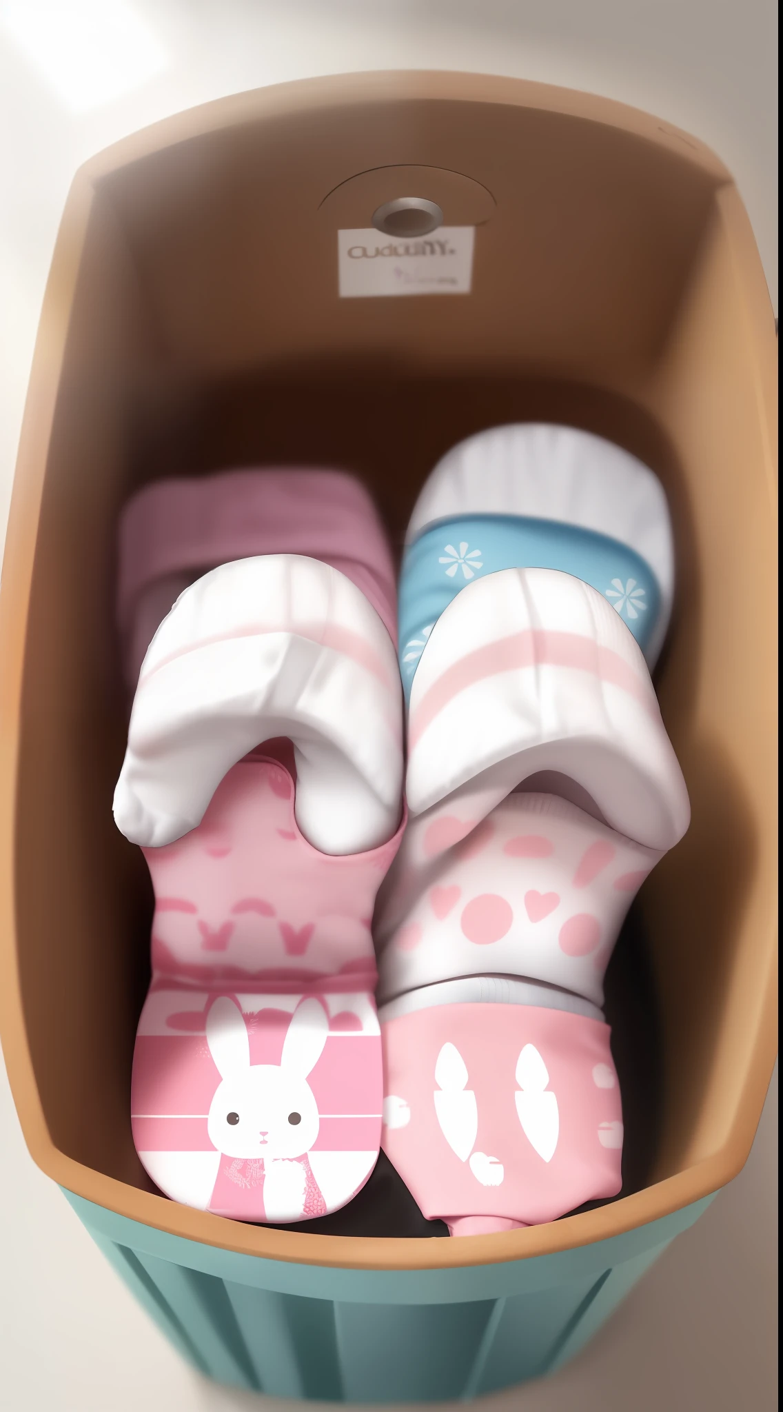 a piece of white and light pink socks,((printed bunny piicture)),in the laundry basket,((fold socks)),no legs