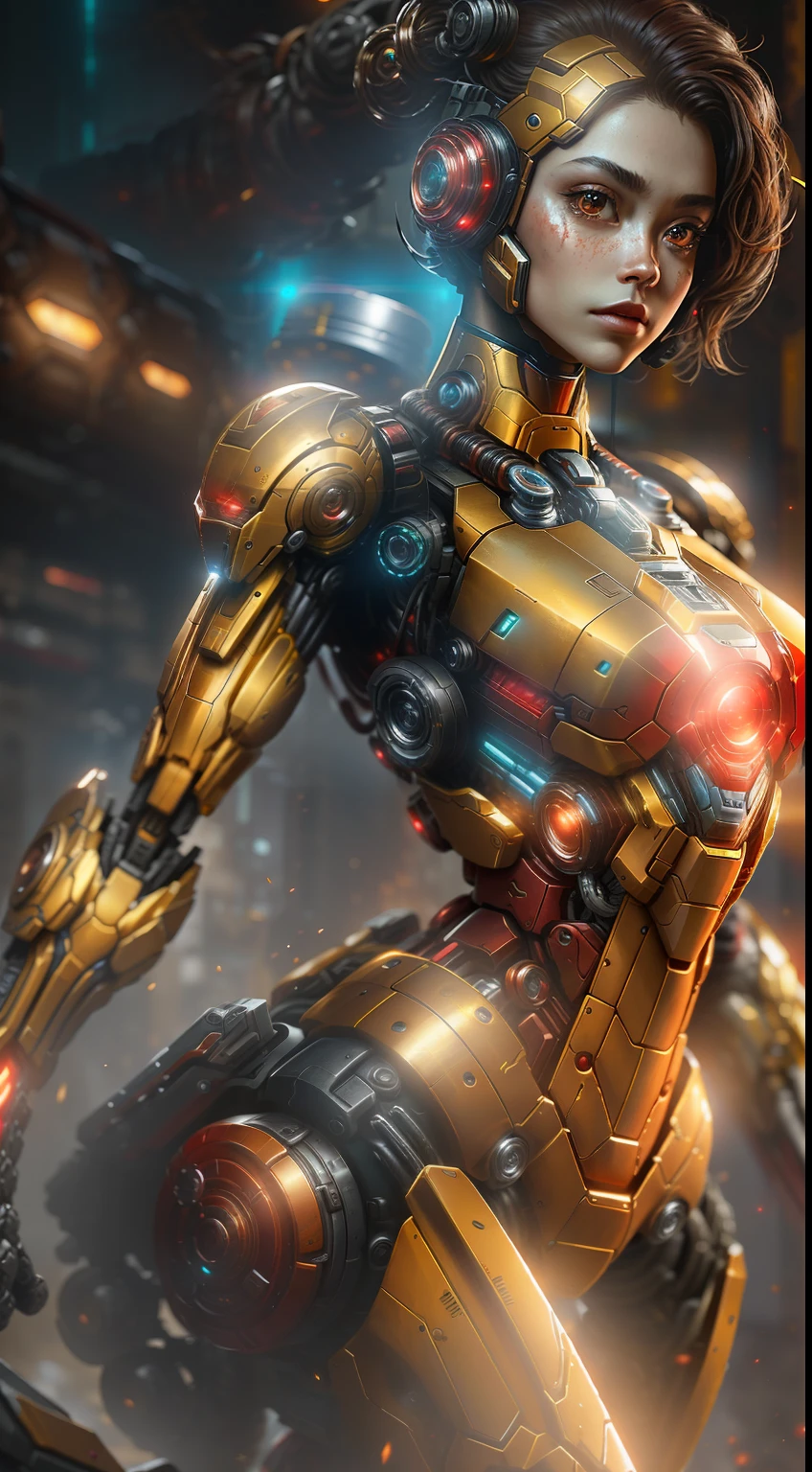 Irongirl from Marvel photography, biomechanics, complex robots, color combination red and gold, full growth, hyper-realistic, crazy little details, incredibly clean lines, cyberpunk aesthetic, masterpiece featured on Zbrush Central