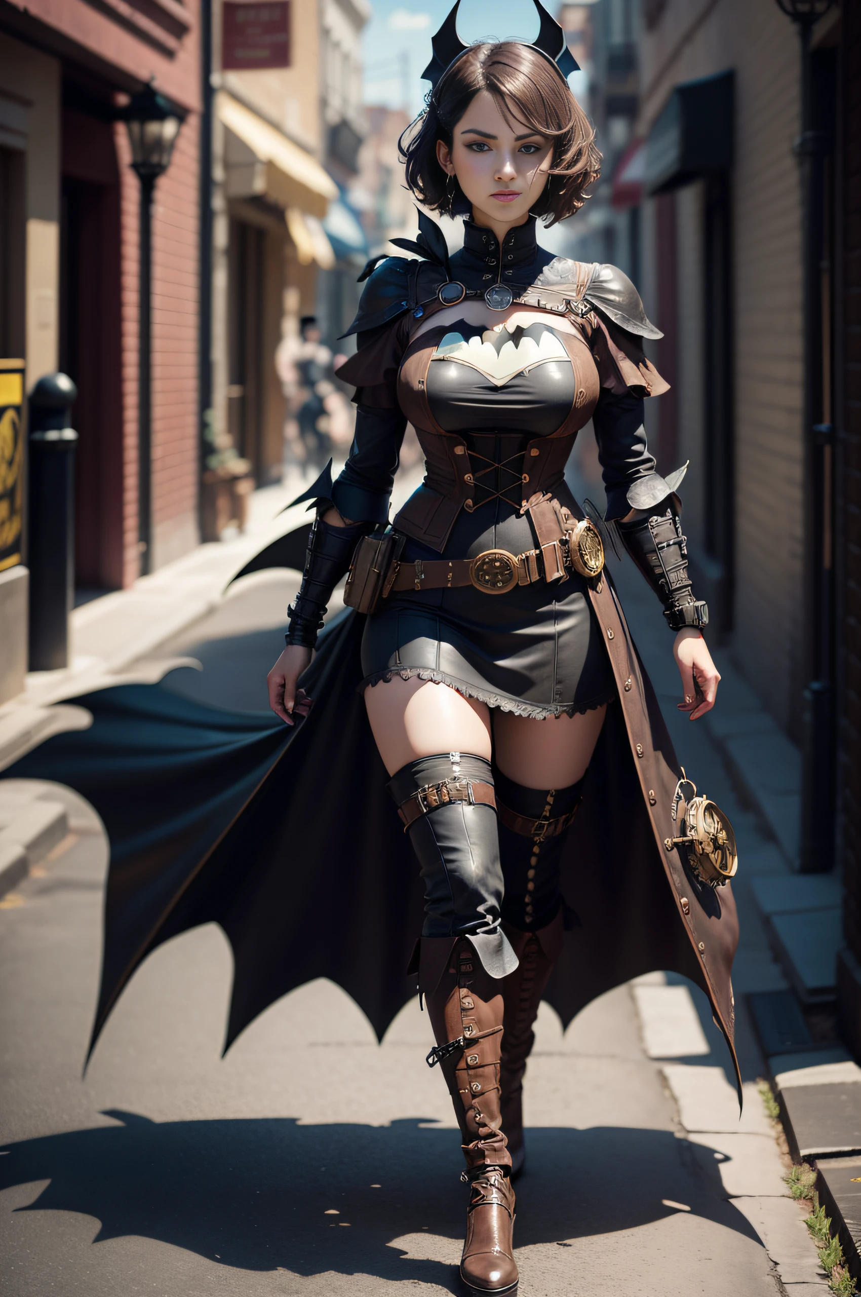 Batman em estilo steampank, vestido com roupa steampunk, detalhe realista, estilo realista, colorido, cinemactic, ultra realístic, Very high detail, detailed facial features, pele finamente detalhada, perfect proportion, fotorrealista, melhor qualidade, (8k), Ambiente faroeste, full body, steampunk
