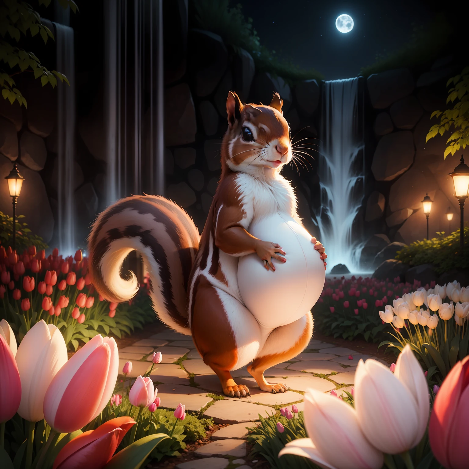 Realistic photograph of a pregnant squirrel strolling at night in the moonlight in the garden of colorful tulips and in the background a waterfall