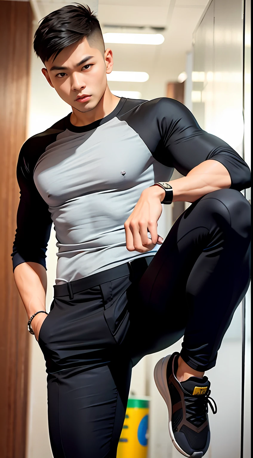 A young asian male,Strong,Rogue costumes,brown buzzcut_cut,The shirt,trouser,(Short black socks:1.8),athletic sneakers,cloaks,