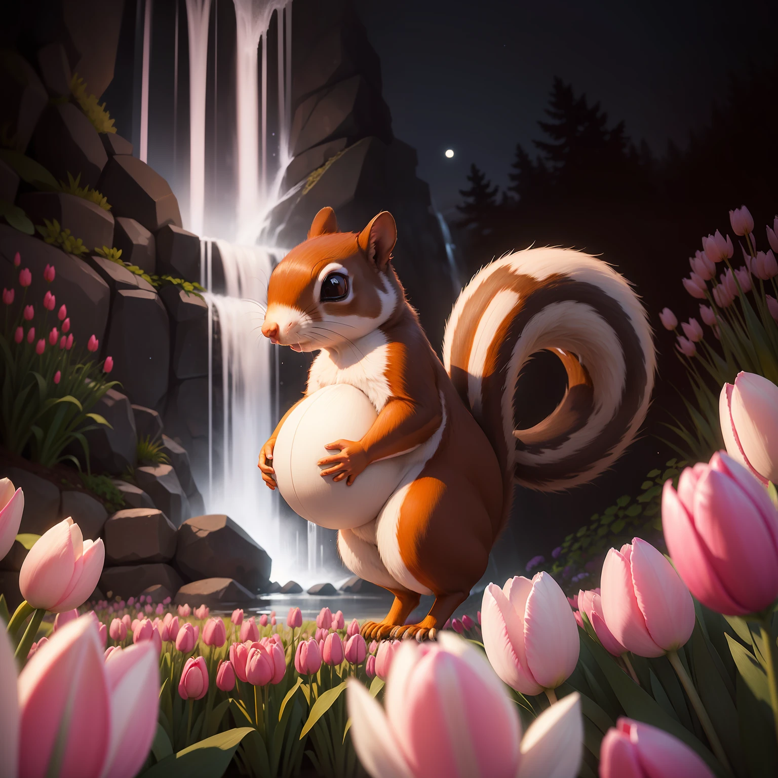 Realistic photograph of a pregnant squirrel strolling at night in the moonlight in the garden of colorful tulips and in the background a waterfall