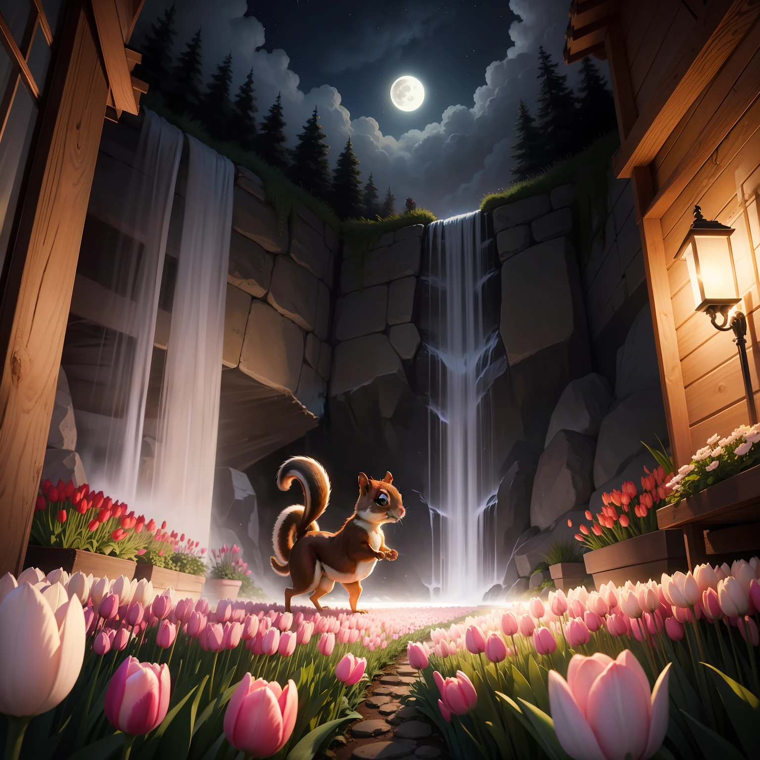 Realistic photograph of a pregnant squirrel strolling at night in the moonlight in the garden of colorful tulips and in the background a waterfall