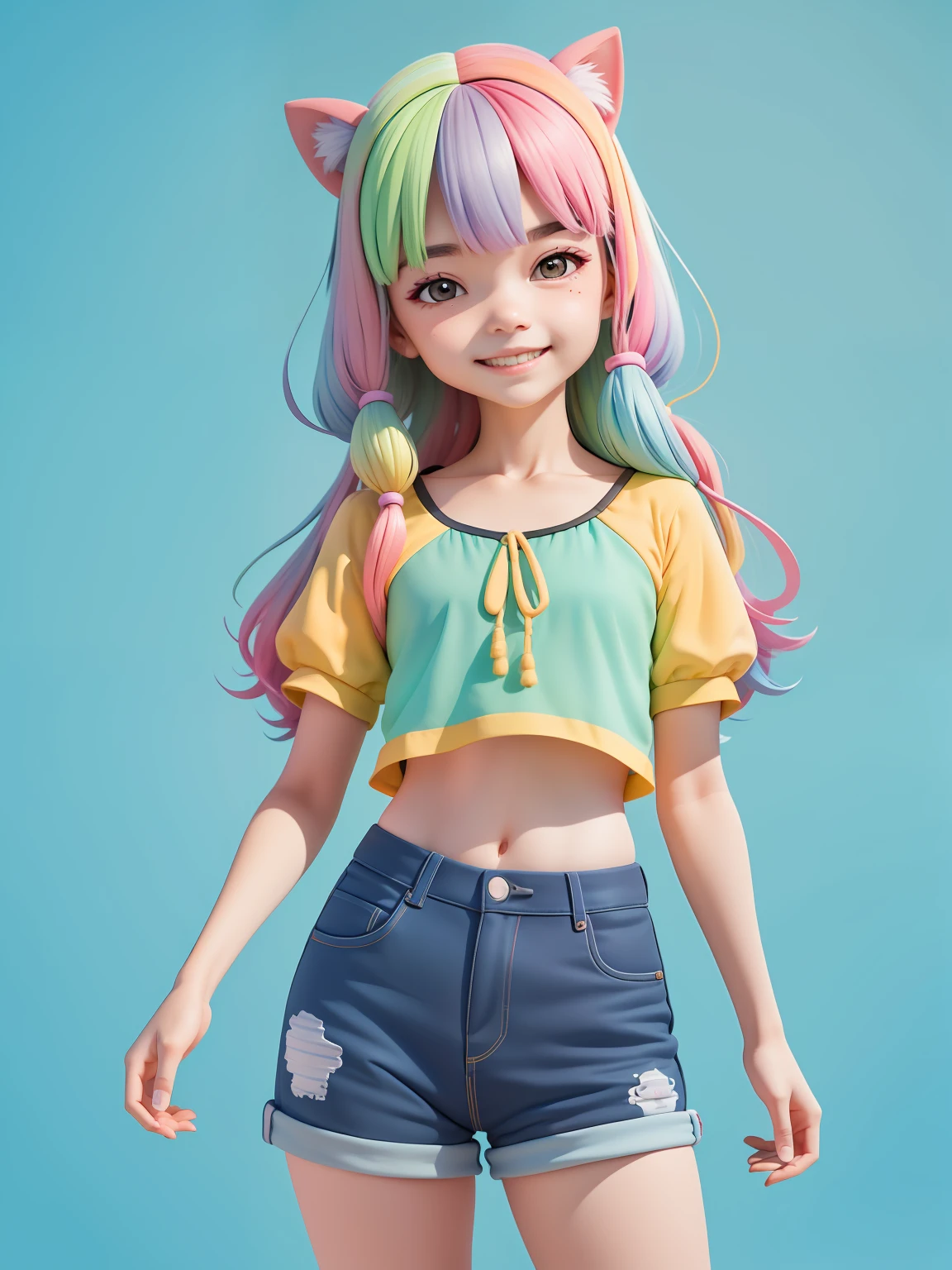 (obra-prima), (melhor qualidade), (ultra-detalhado), (corpo inteiro: 1.2) adolescente chinesa, leve e detalhado, sorriso claro, corpo inteiro, :3, cabelo multicolor, curto, preso, pavor, moderno, Modern accessories, fundo tom pastel , colorido e simples.