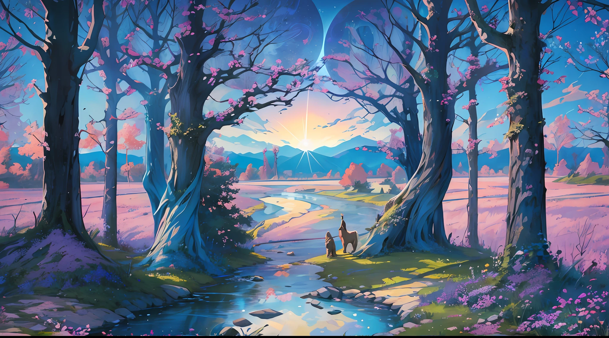 woods, plain, fantasy, Unusual animals in the background, Trade Road, humanless, stone bridge, A small river, Purple Sun, azure sky