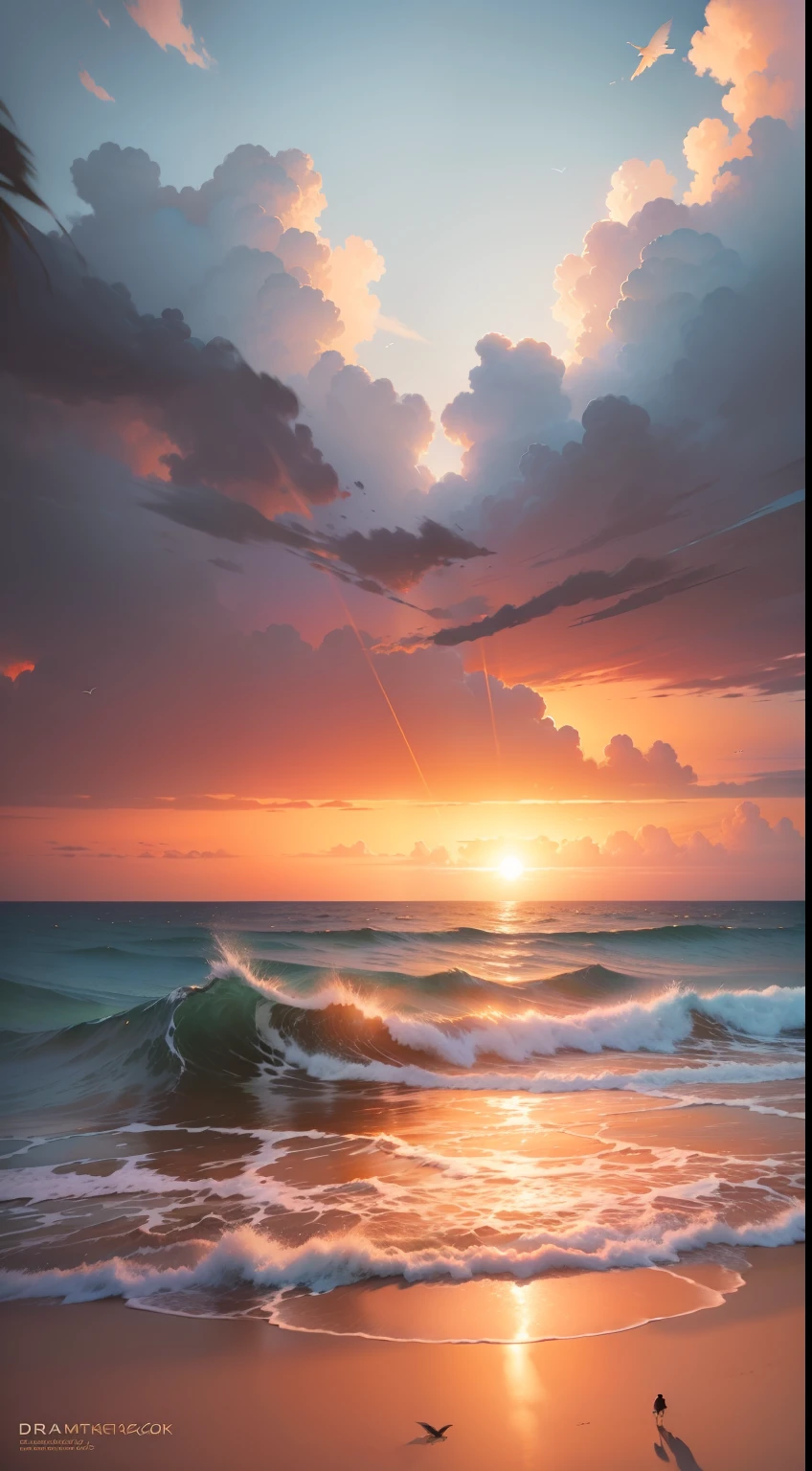 dreamlikeart a painting of a beautiful paradise sunset beach, sun in the middle, far away bird flying on the horizon, trending on artstation in the style of Greg Rutkowski