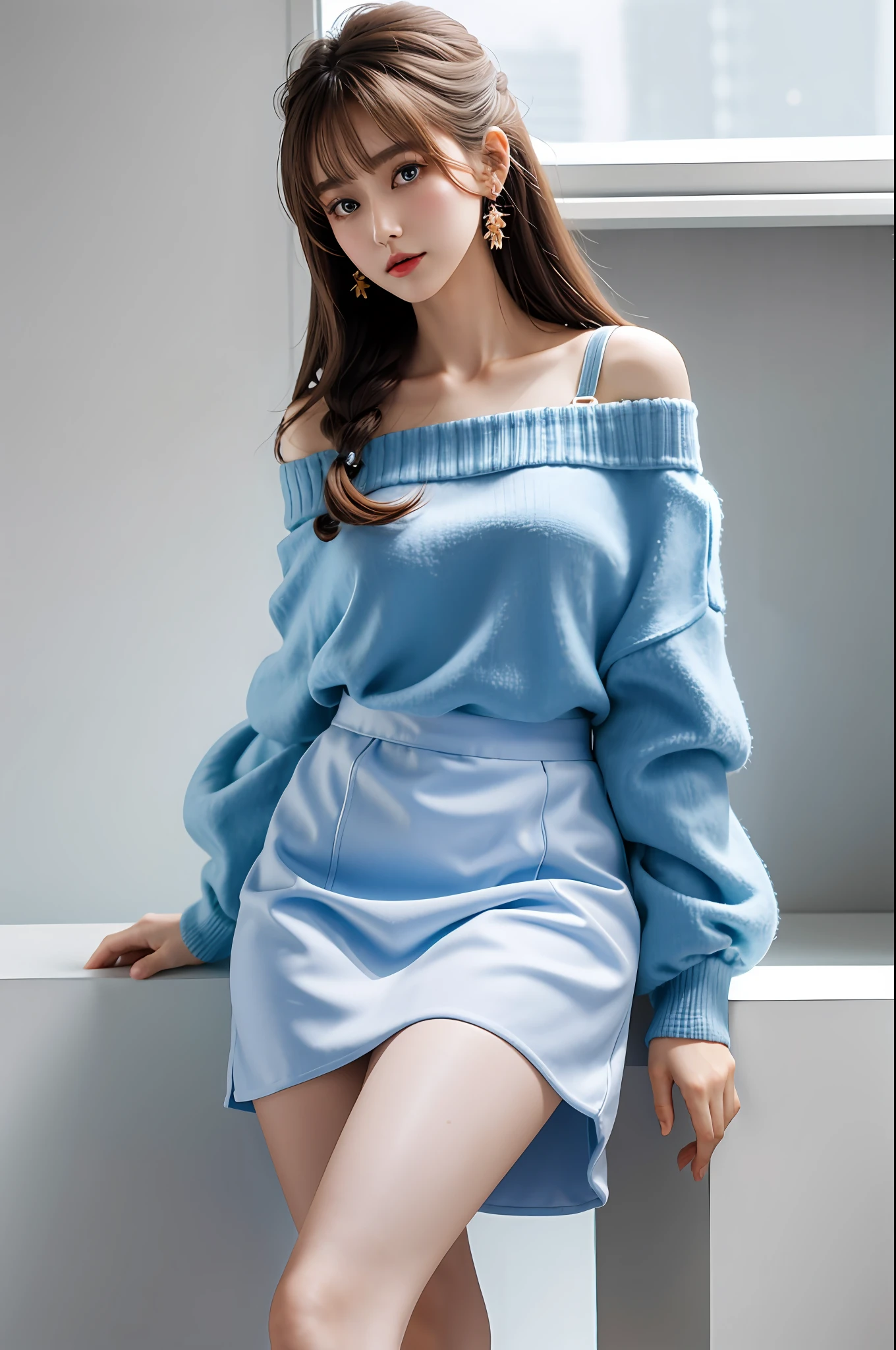 (tmasterpiece:1.4),(best qualtiy:1.4), ,Plain white background,Plain white background,Plain white background,, Extremely delicate and beautiful eyes and face, 1girll, are standing, Clothing model, shot, brunette color hair, Look at the audience, 独奏, White sneakers, red color eyes, long whitr hair, White bear sweatshirt,Off-the-shoulder suspenders, Light blue lace short skirt, bluntbangs, cg, Unified 8K resolution