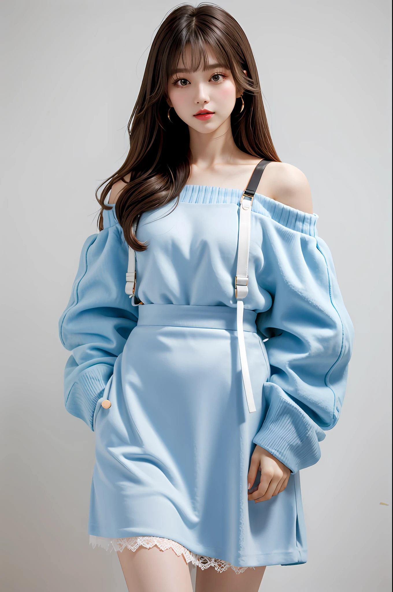 (tmasterpiece:1.4),(best qualtiy:1.4), ，Plain white background，Plain white background，Plain white background，, Extremely delicate and beautiful eyes and face, 1girll, are standing, Clothing model, shot, brunette color hair, Look at the audience, 独奏, White sneakers, red color eyes, long whitr hair, White bear sweatshirt，Off-the-shoulder suspenders, Light blue lace short skirt, bluntbangs, cg, Unified 8K resolution