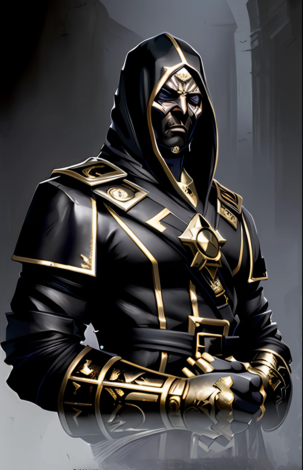 Style by Style Style-Crypt award winning epic oil painting of a cultist, scary intricate gold inlaid mask, (angry expression:1.2), sinister, evil, (backlighting:1.3), digital painting, concept art, smooth, sharp focus, rule of thirds, dark fantasy,intricate details, art by aleksi briclot, medium shot, (shallow depth of field:1.3)