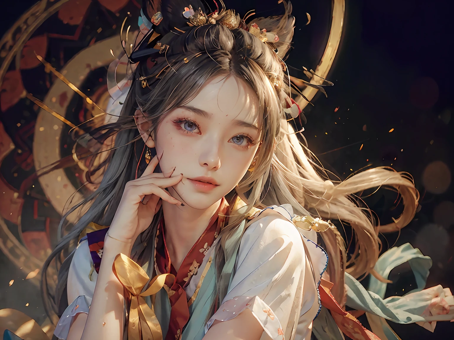 (RAW Photo, Best Quality), (Realistic, Photorealistic Real: 1.3), Best Quality, Highly Detailed, Masterpiece, Ultra Detailed, Illustration, 1 Girl, upper_body, Dynamic Angle, World Mastery Theater, messy_long_hair, Best Quality, Extremely Detailed CG Uniform 8k Wallpaper, Ink, Amazing, Sexy, Peach Blossom Eyes, Gray Hair, Smile, Movie Lights, lens_flare, dunhuang_style