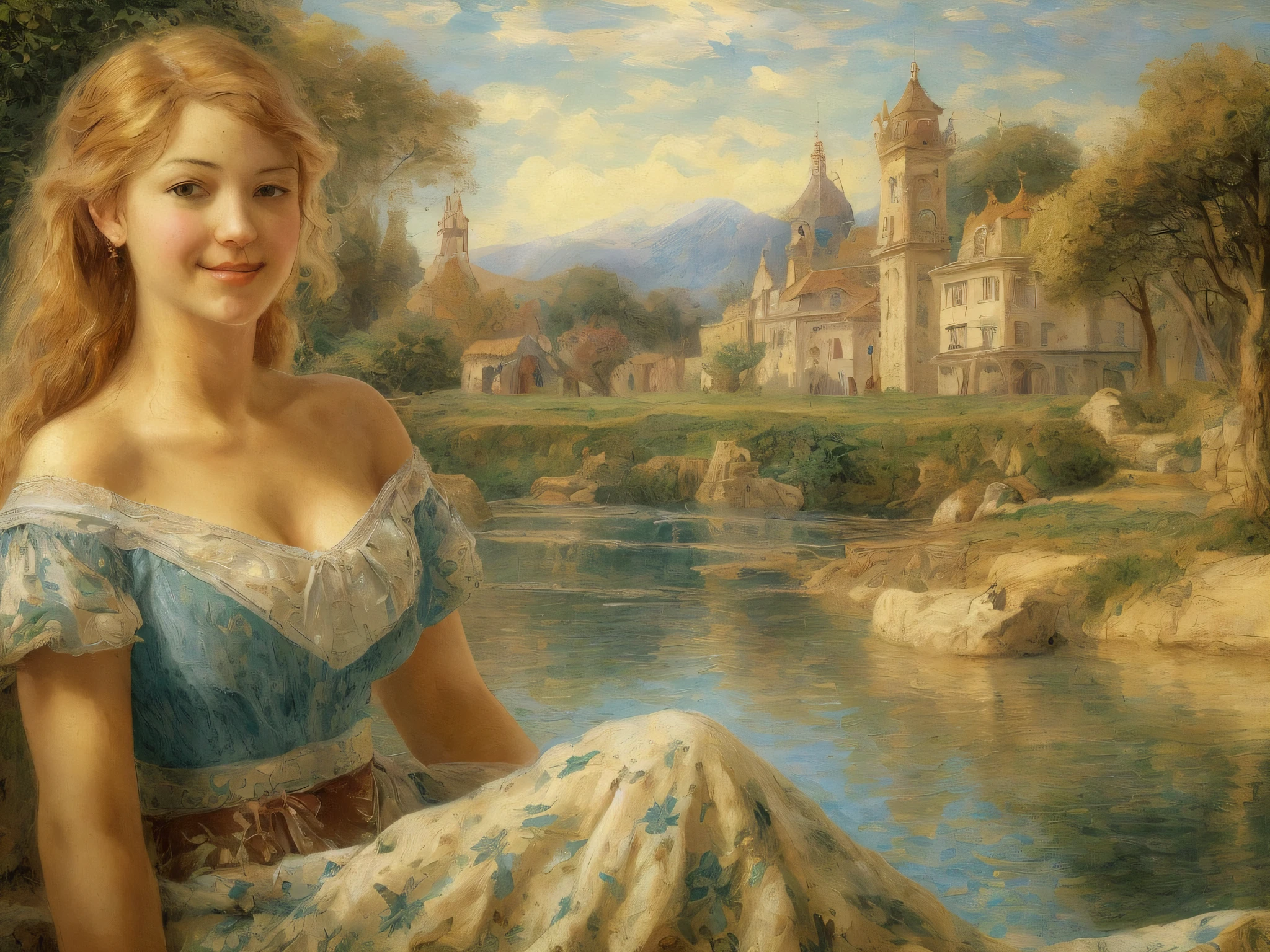 [beste-Qualit, tmasterpiece, extra high resolution, photo-realistic, in the style of pin-up, 1girl, off-shoulder, ssmile:20]Background, intricate Renaissance landscape, higly detailed, impressionism:0.2