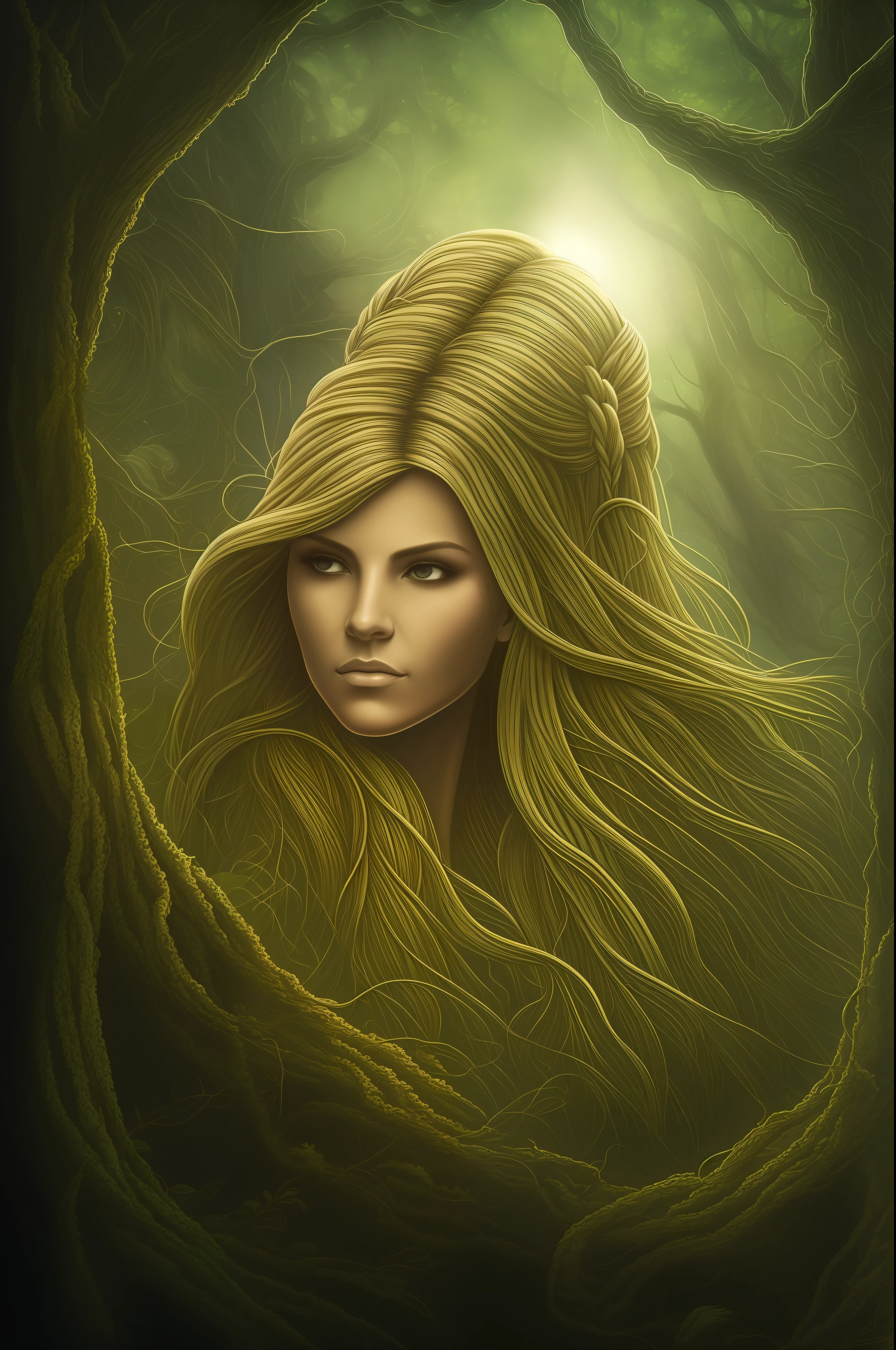 Verdejo: It has the ability to reforest and absorb carbon from the atmosphere. vista frontal, retrato, simetry, artistic, arte agudo, (estilo de Dan Mumford: 1.1), HDR, realismo, DarkFantasy, ambiance, estilo lovecraft, (JimJorCrafLogo estilo de arte: 1.3), chico rubia, trenzas, gafas, ojos verdes brillantes, centrado, Rayos de sol, monolito, columna, templo, naturaleza, arboles, follaje. Paz