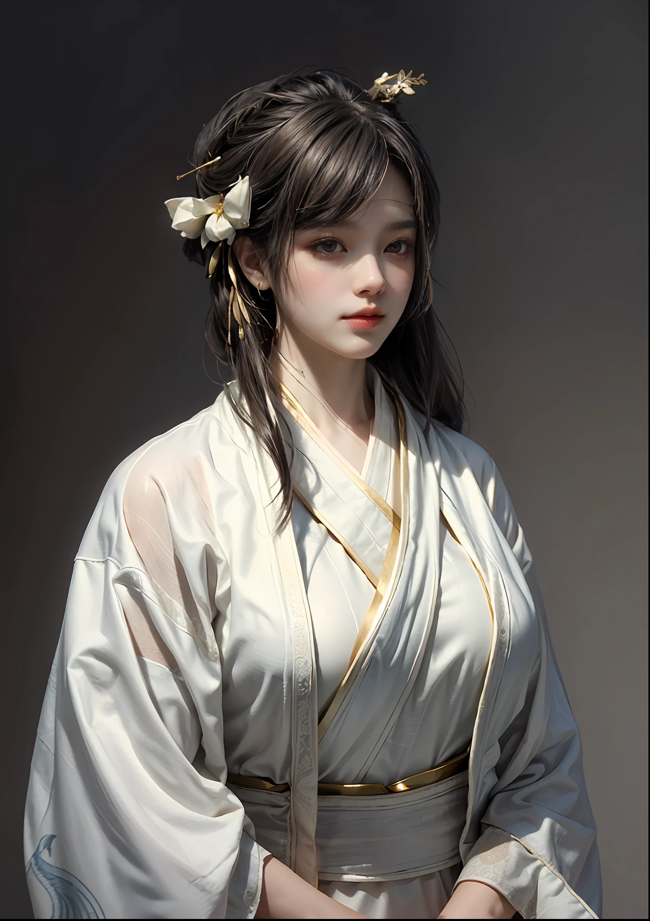 Art depicts a charming woman，Dressed in a flowing manner、Silky traditional oriental dress，white colors，Decorated with intricate patterns and bright colors。Her dress draped elegantly over her curvy figure，Highlights her seductive silhouette。She stood gracefully in the quiet moonlit night，bathed in the soft glow of the moonlight。The scene exudes an ethereal and dreamy atmosphere，With a touch of mystery and sexiness。The image style incorporates watercolor and digital illustration techniques，It evokes a refined beauty and charm。The lights are filled with soft moonlight，casting soft highlights and shadows on her charming features。Bare thighs，Bigchest