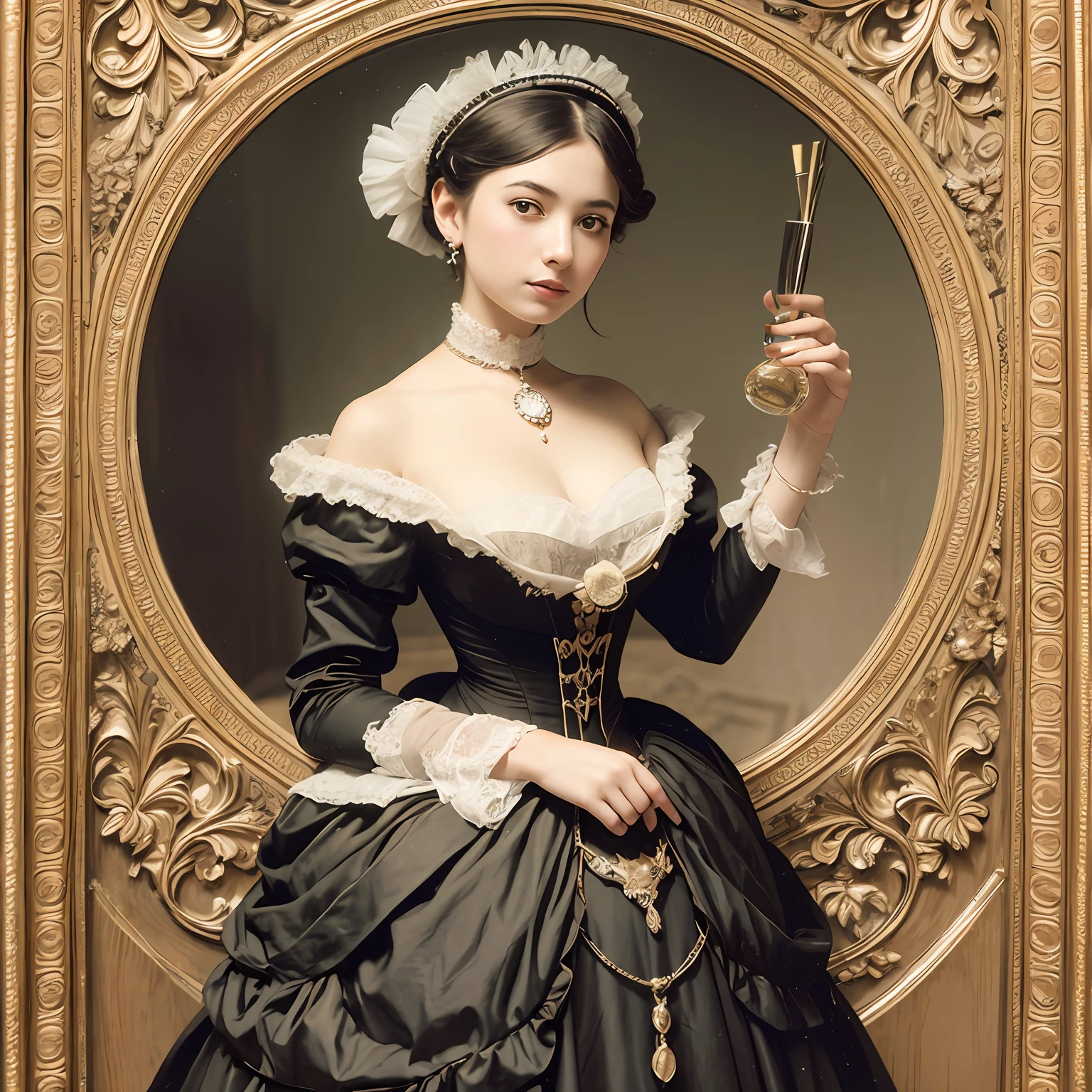 Beautiful young lady in Victorian era: Wild and fantastic place, Perfumer, Convoluted, Step-by-step, Exquisite, In the style of Emile Galle,