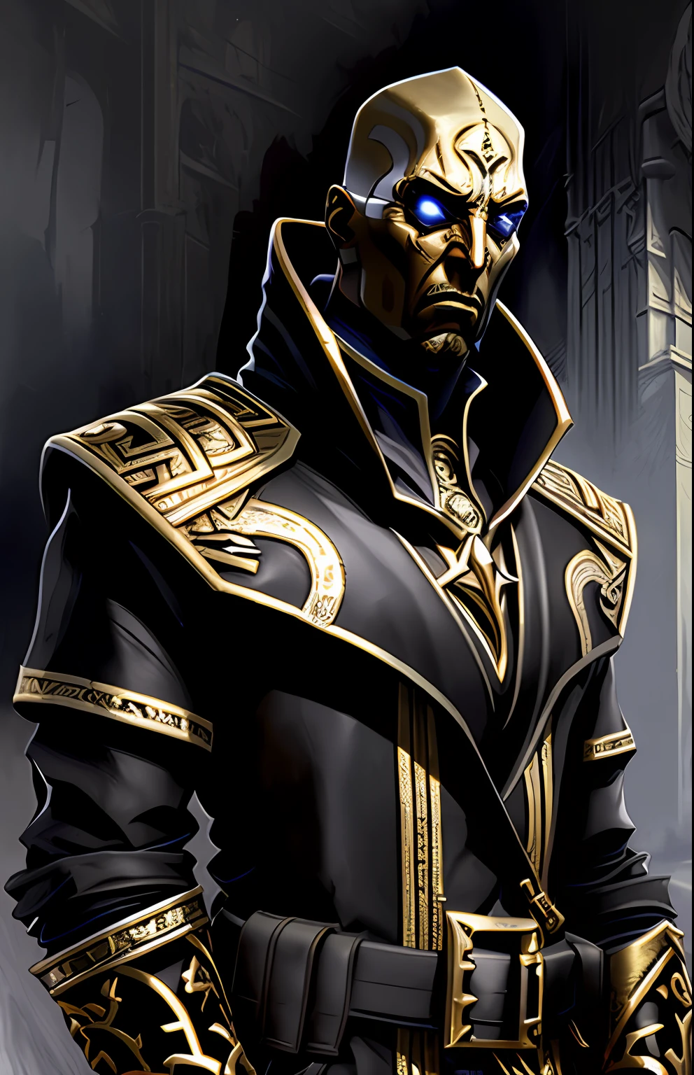Style by Style Style-Crypt award winning epic oil painting of a cultist, scary intricate gold inlaid mask, (angry expression:1.2), sinister, evil, (backlighting:1.3), digital painting, concept art, smooth, sharp focus, rule of thirds, dark fantasy,intricate details, art by aleksi briclot, medium shot, (shallow depth of field:1.3)
