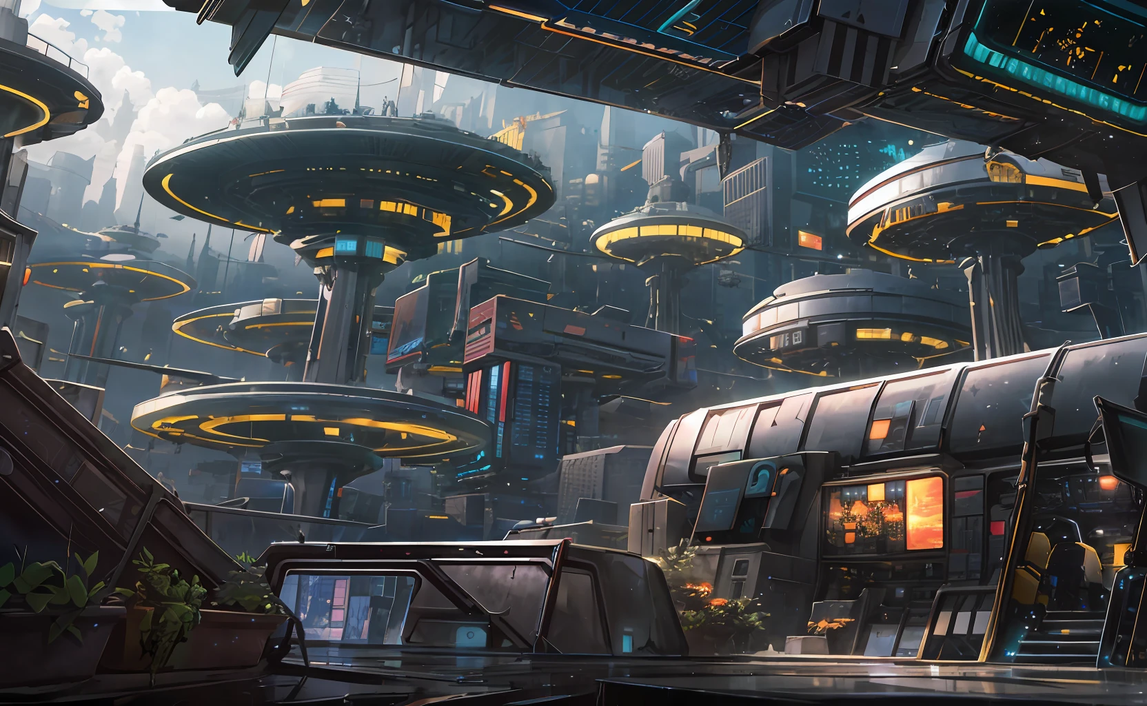 exteriors,the night,starrysky,megastructures,bio-dome,The landscape,scenecy,horizon,the roof, sitting on rooftop, ventania, view from long distance, Atmospheric lighting, Focus individually, closeup cleavage, seen from the side, depth of fields, Background bokeh,Many islands are suspended in the air,Many small airships flew around,fanciful,Amazing plant growth,extremy detailed,realistic raytraicing,Epic composition,(Complicated details),(Complex design,Hyper-detailing:1.2),art stations, (tmasterpiece,best qualtiy),hyper HD,32K , at cyberpunk city, futuristic cyberpunk city, cyberpunk dreamscape, Psychedelic broken streets, neonlight, disordered, high detal, concept-art, lightand shade contrast, ssee-through, ultra-realistic realism, ,Being in the air,Being in the air --v 6