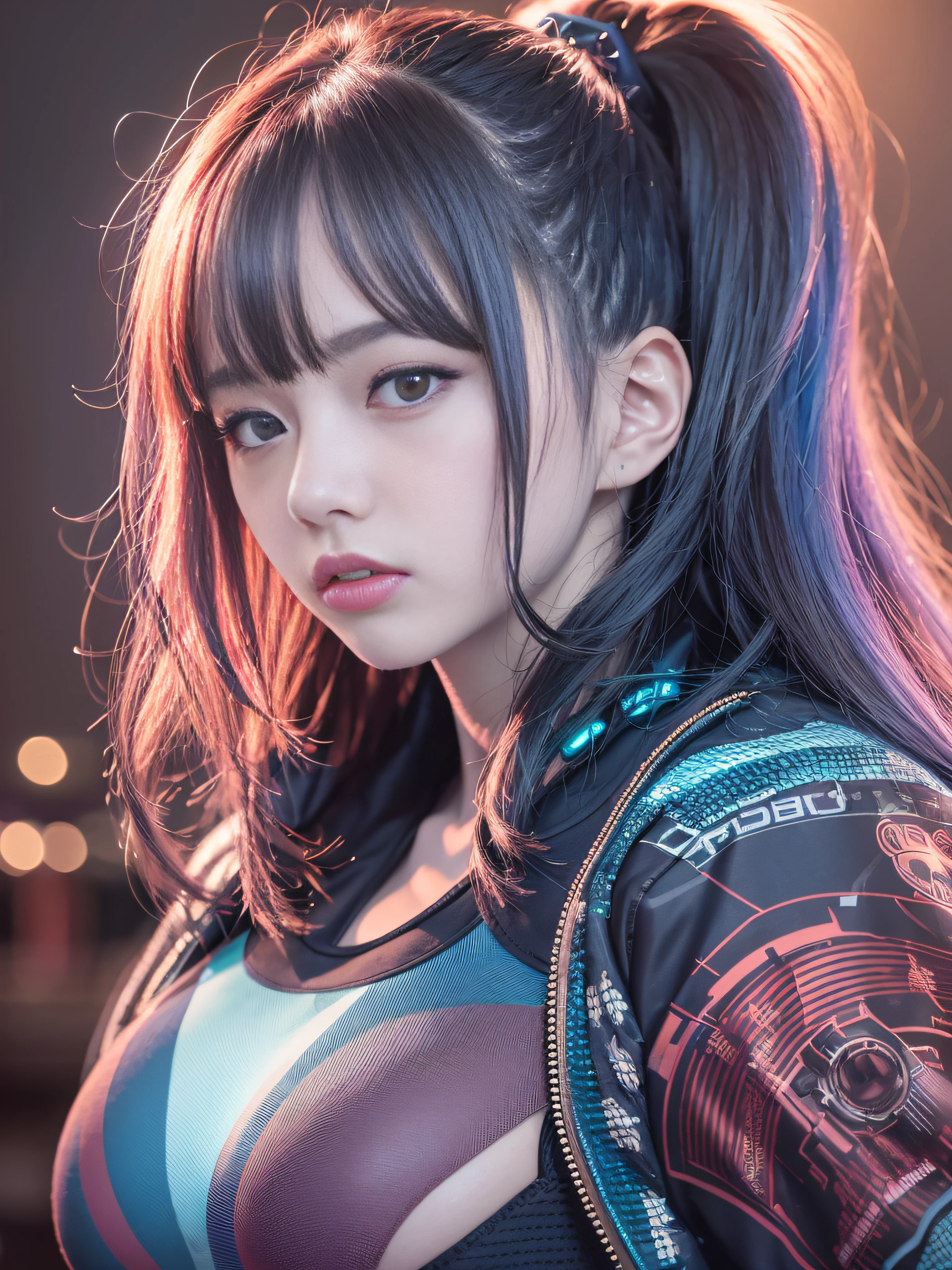top-quality、masterpiece、超A high resolution、(Photorealsitic:1.4)、Raw photo、Detailed CG image quality、cyberpunked、Beautiful fece、1girl in、Future hair ornament、(Blue Cyberpunk Jacket:1.3)、cleavage of the breast、(Hard erection:1.4)、( looking upwards:1.4)、detailed portrait、8K picture quality、bright colour、concept-art、Cinematic and dramatic atmosphere、foco nítido、Volumetric lighting、Cinematographic lighting、Wearing studio quality、Colorful neon lighting、depth of fields、Ambient lighting、Blurred foreground、blurry backround:1.3、