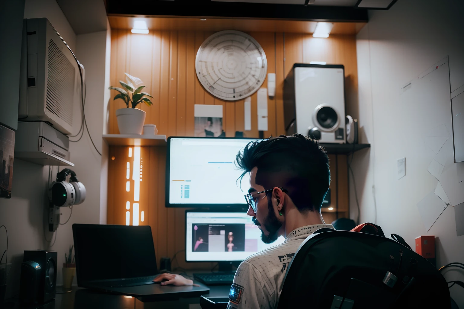 Homem Programador python, cyberpunk, dentro de um apartamento, olhando pelas janelas de vidro, cidade futurista, olhar estrategista, laptop, cinematic, ultra realista, altamente detalhado (obra prima) --auto --s2