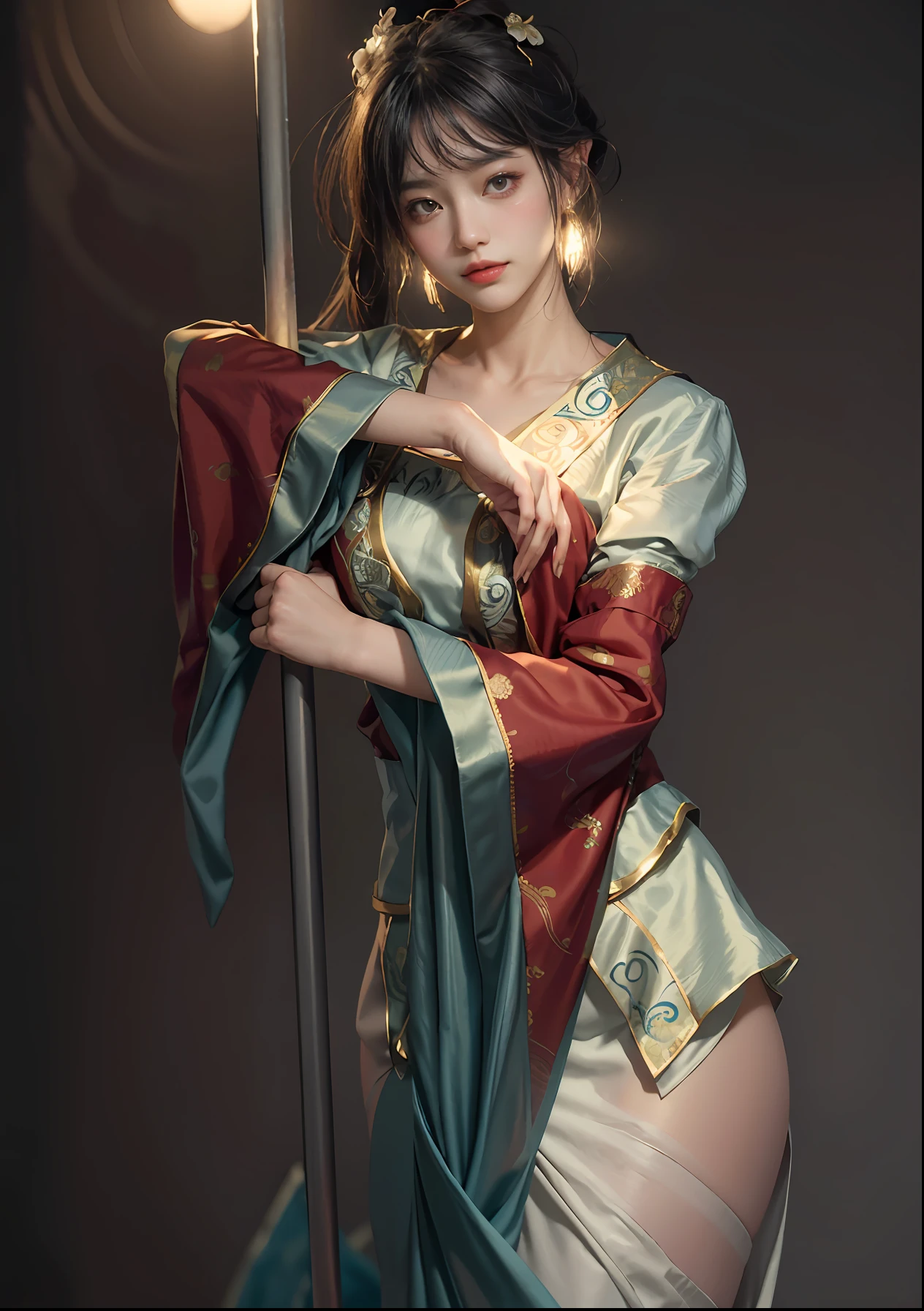 Art depicts a charming woman,Dressed in a flowing manner、Silky traditional oriental dress,light blues,Decorated with intricate patterns and bright colors。Her dress draped elegantly over her curvy figure,Highlights her seductive silhouette。She stood gracefully in the quiet moonlit night,bathed in the soft glow of the moonlight。The scene exudes an ethereal and dreamy atmosphere,With a touch of mystery and sexiness。The image style incorporates watercolor and digital illustration techniques,It evokes a refined beauty and charm。The lights are filled with soft moonlight,casting soft highlights and shadows on her charming features。Bare thighs,Bigchest