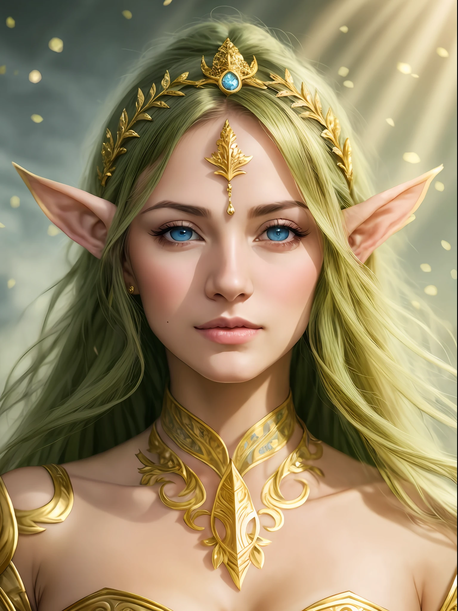 Una mujer con ojos azules y un vestido dorado posa para una foto, Retrato de una reina elfa, elven princess, Hermosa y elegante reina elfa, Princesa Elfa, beautiful elven princess, Elfo centrado, Ella tiene orejas de elfo y ojos dorados, Retrato de elfo muy hermoso, Bella y elegante elfa femenina, elven character with smirk, Un retrato de un elfo
