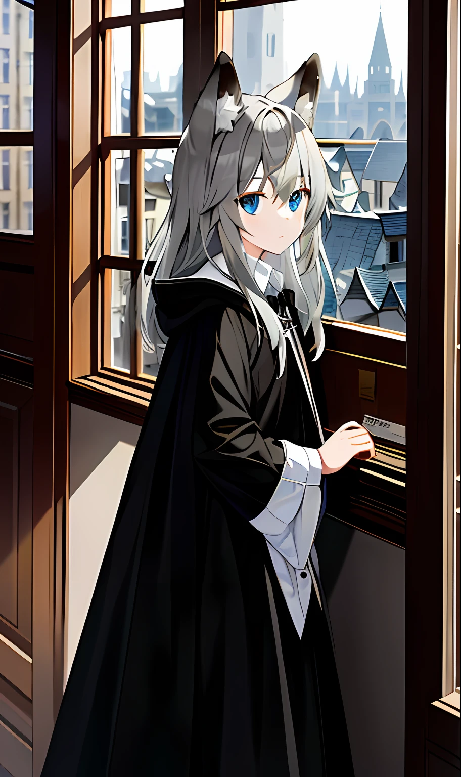 tmasterpiece, Best quality at best, high high quality, 1girll, 独奏, fox ear, Animal ear villi, eBlue eyes, Gray hair, long whitr hair, The hair is between the eyes, looking at viewert, inside in room, coffeehouse, desks, coffee mug, window, streetview, medieval cities, the night, lanterns, gray cloak, white shirt, a black skirt,face expressionless,